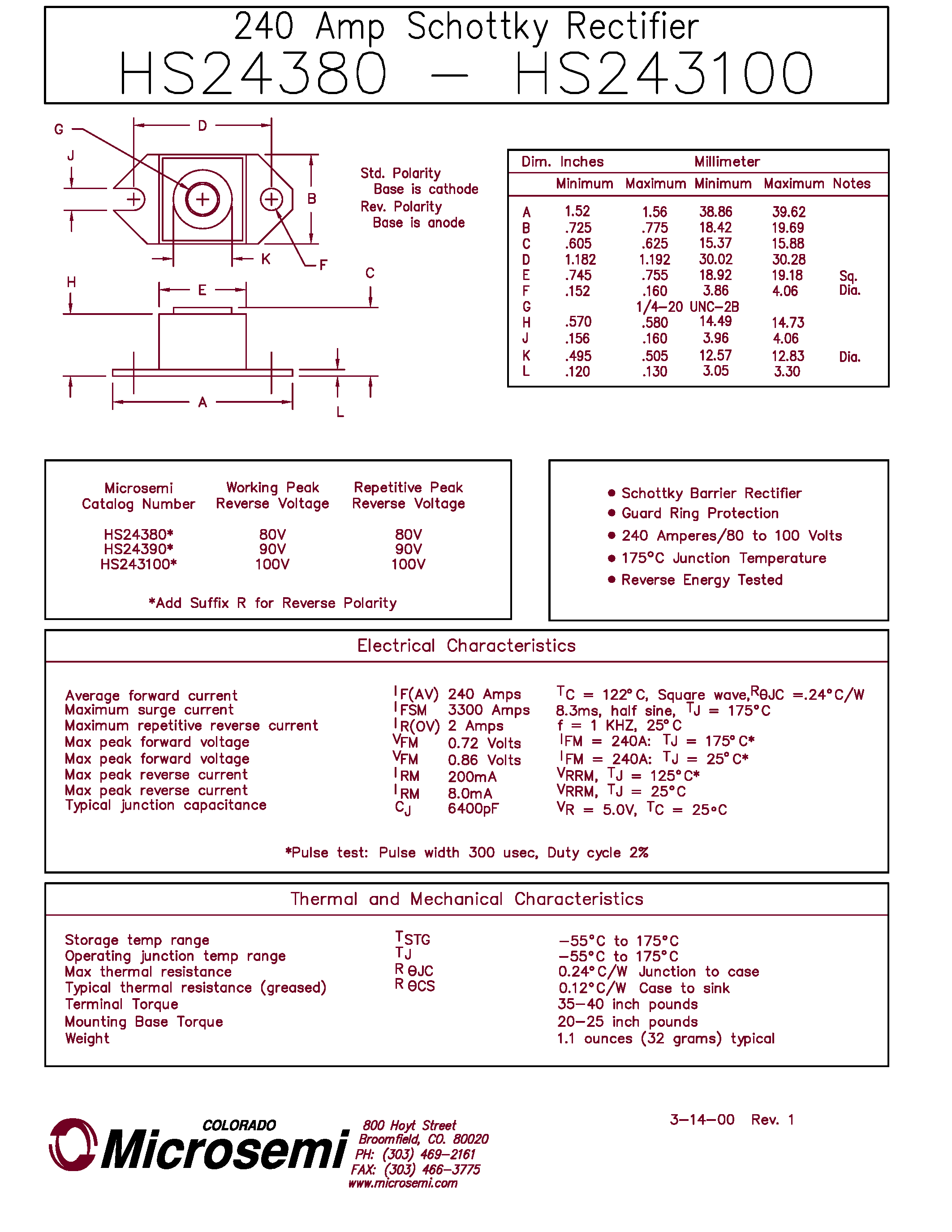 Datasheet HS24380 page 1 Datasheet HS24380 - 240 Amp Schottky Rectifier page 1