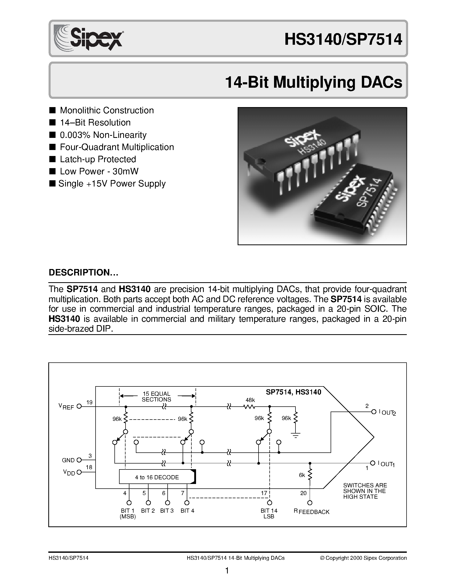 Datasheet HS3140 - 14-Bit Multiplying DACs page 1