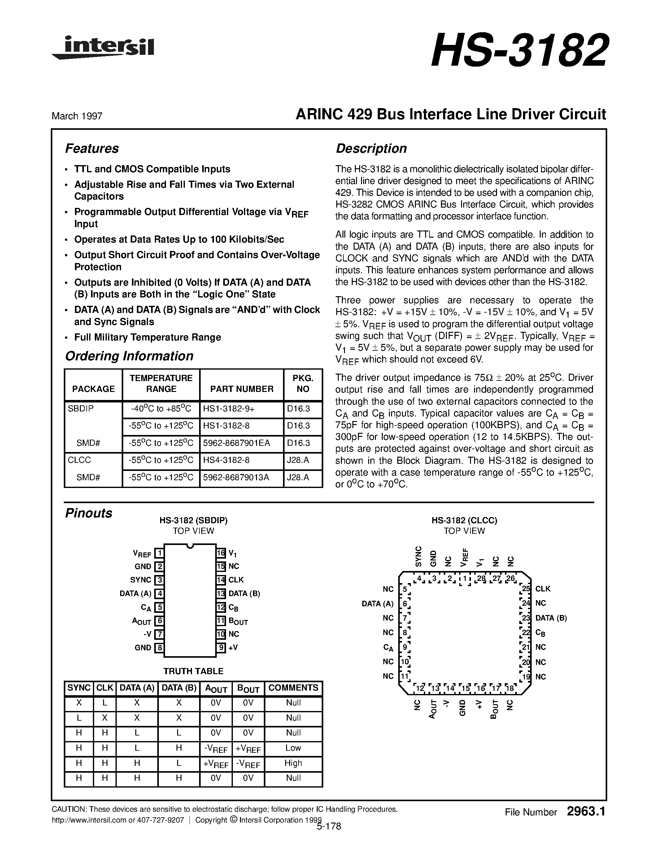 Datasheet HS4-3182-8 - ARINC 429 Bus Interface Line Driver Circuit page 1