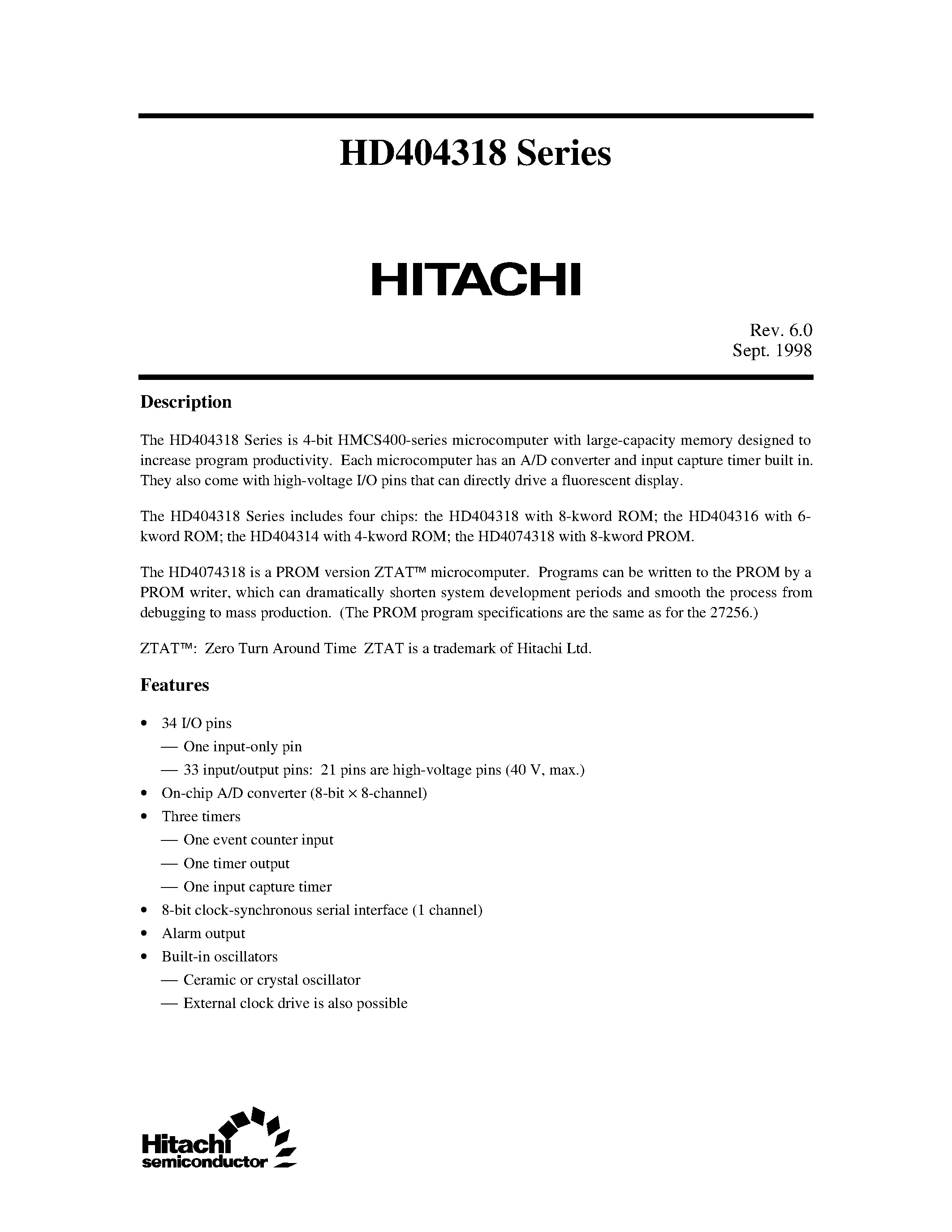 Datasheet HS4318ESS01H - 4-bit HMCS400-series microcomputer page 1
