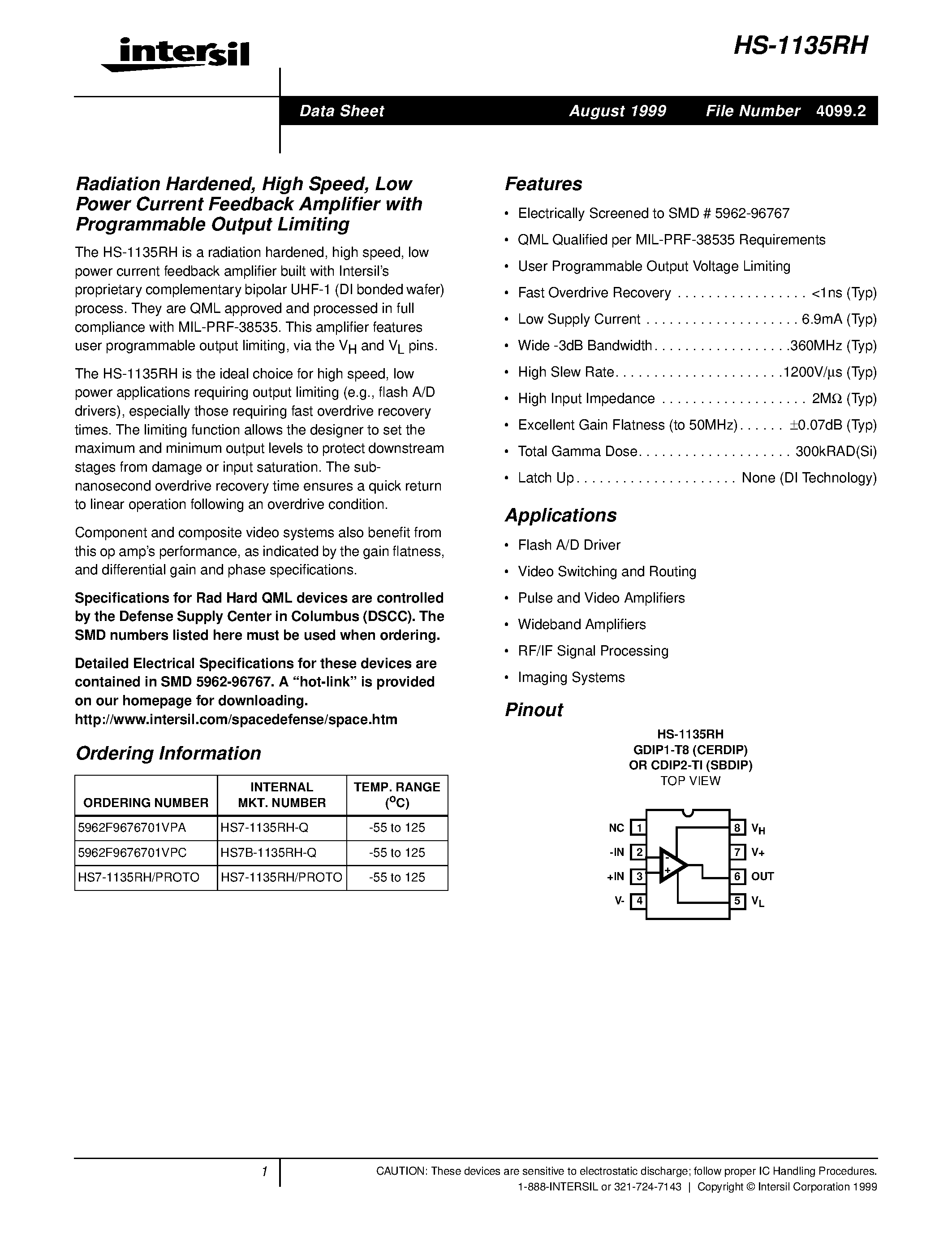 Datasheet HS7-1135RH-Q page 1 Datasheet HS7-1135RH-Q - Radiation Hardened/ High Speed/ Low Power Current Feedback Amplifier with Programmable Output Limiting page 1