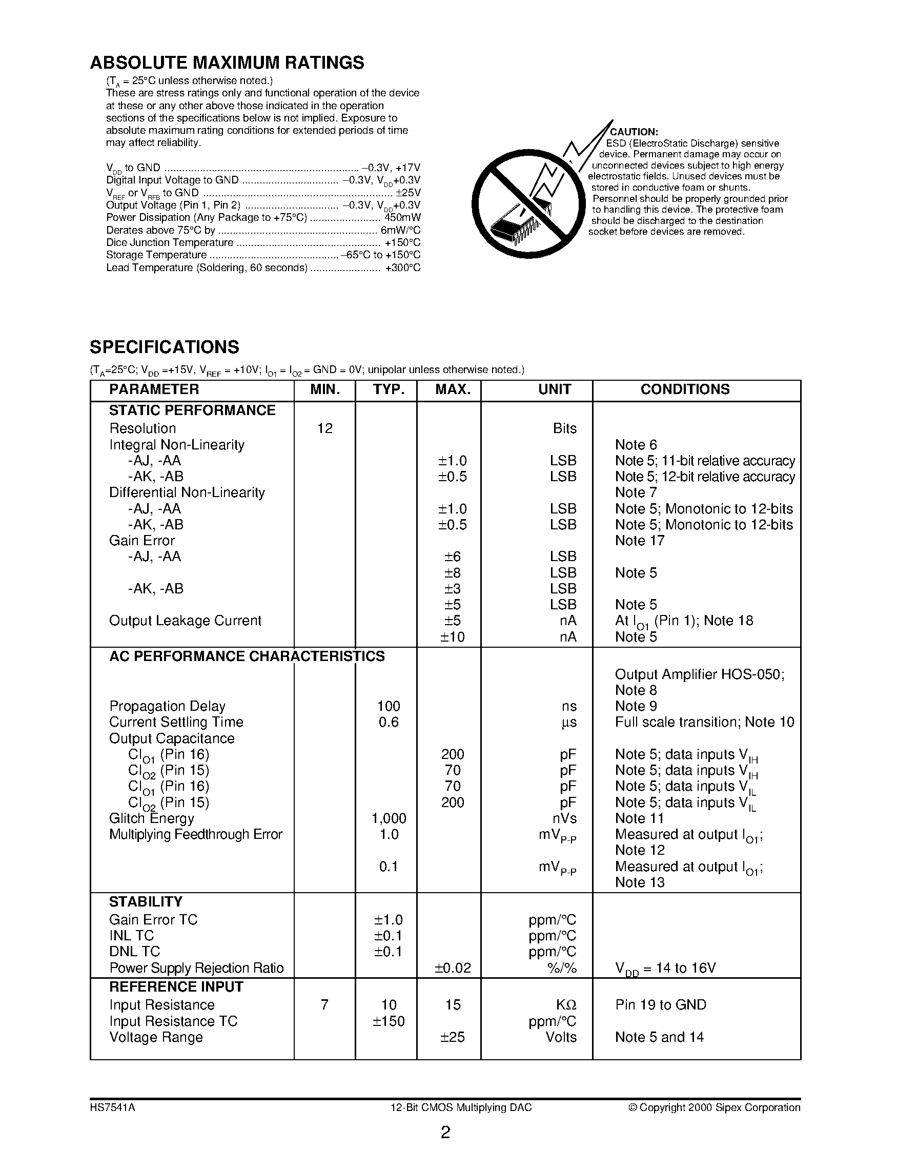 Datasheet HS7541AAN - 12-Bit CMOS Multiplying DAC page 2