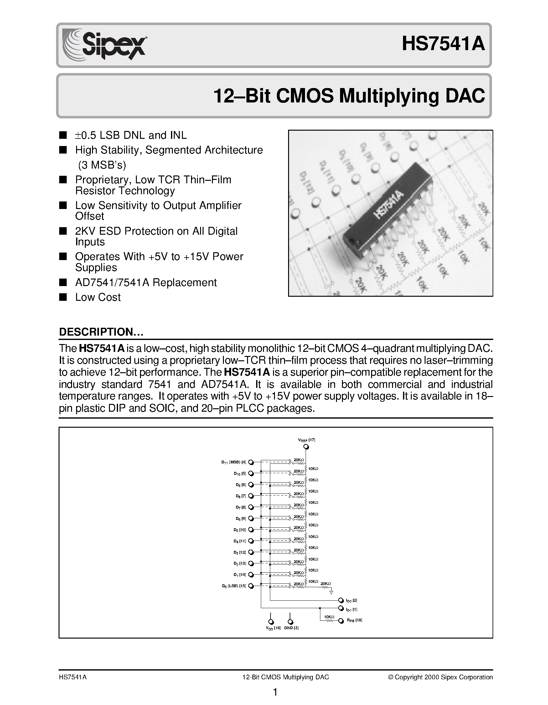Datasheet HS7541AAS - 12-Bit CMOS Multiplying DAC page 1