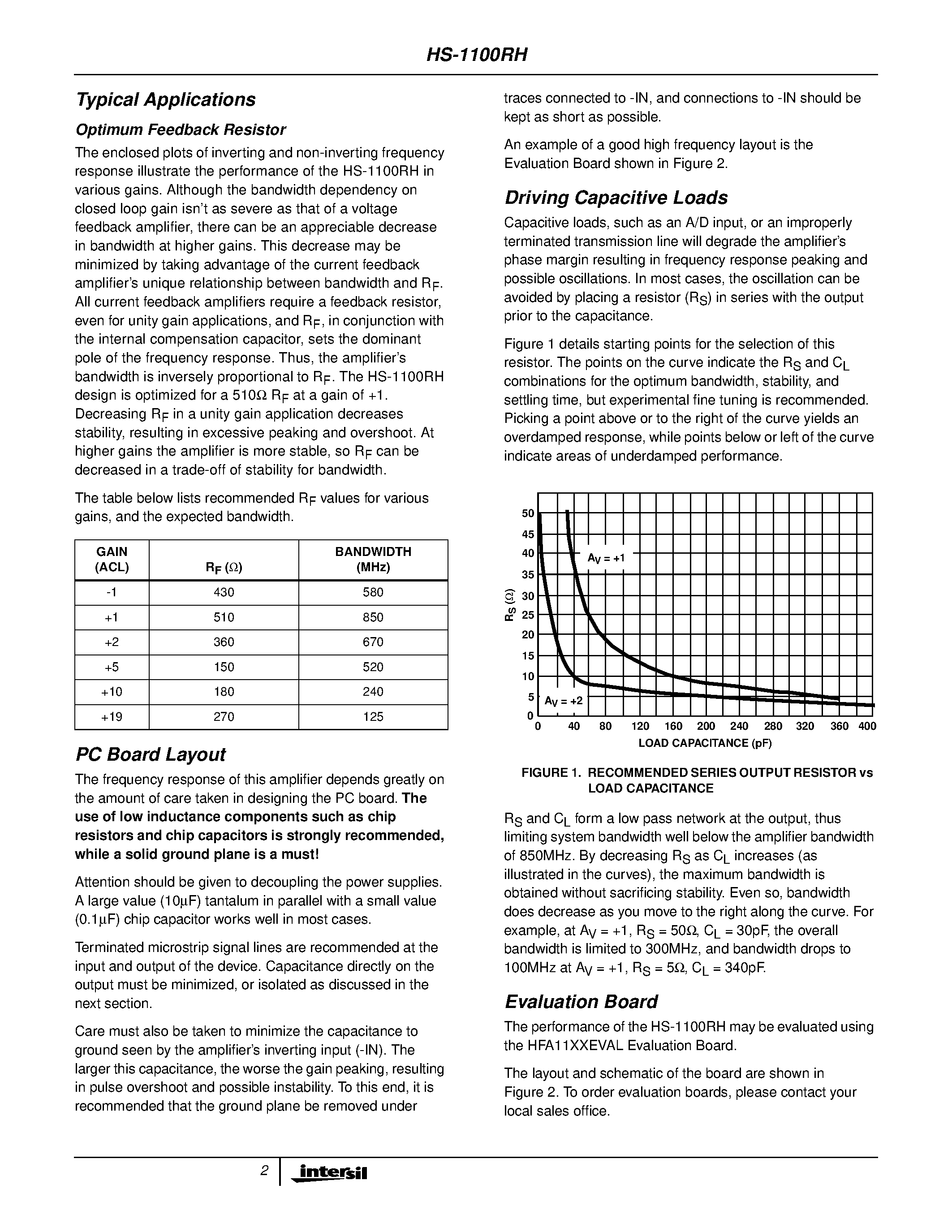 Datasheet HS7B-1100RH-Q page 2 Datasheet HS7B-1100RH-Q - Radiation Hardened/ Ultra High Speed Current Feedback Amplifier page 2
