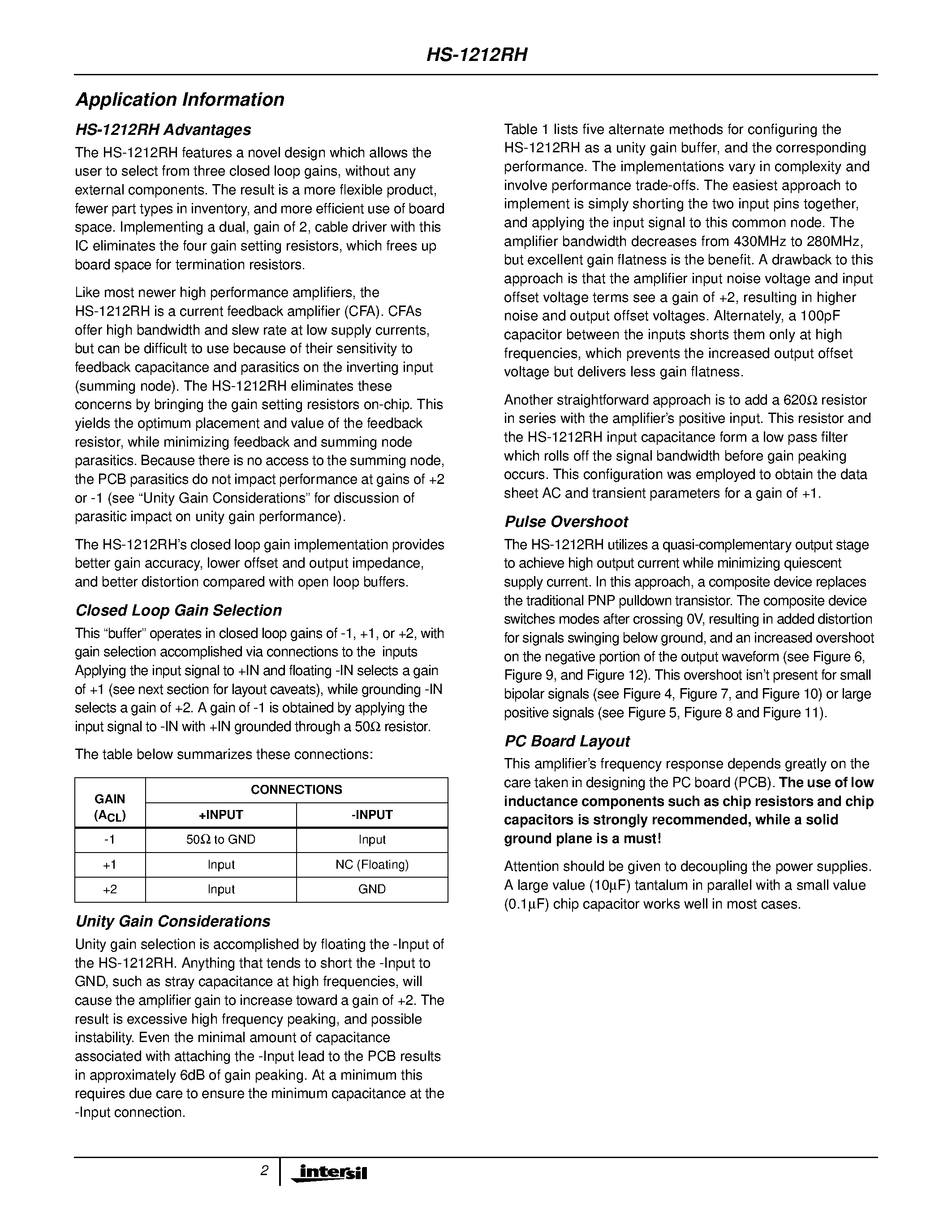 Datasheet HS7B-1212RH-Q page 2 Datasheet HS7B-1212RH-Q - Radiation Hardened/ Dual/ High Speed Low Power/ Video Closed Loop Buffer page 2