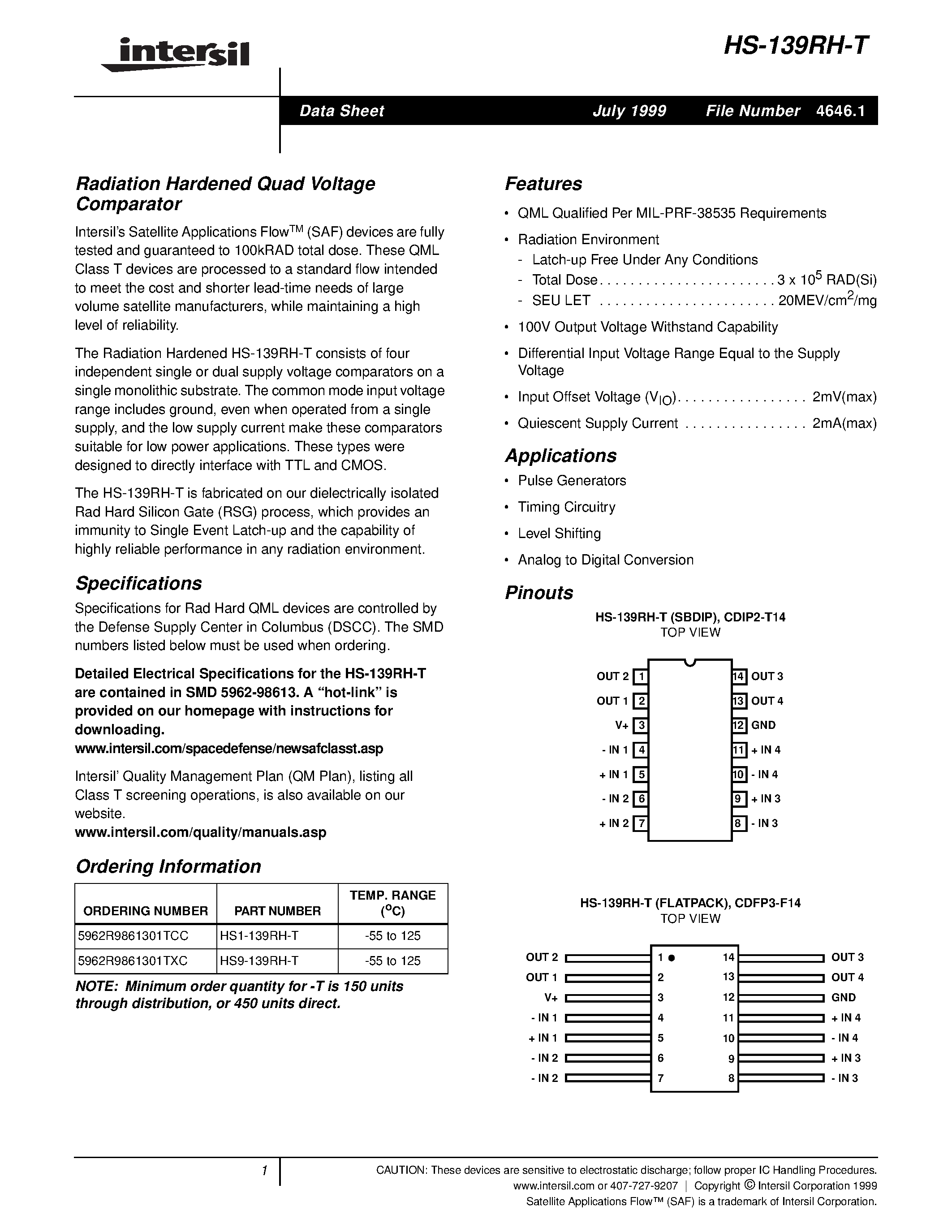 Datasheet HS9-139RH-T page 1 Datasheet HS9-139RH-T - Radiation Hardened Quad Voltage Comparator page 1