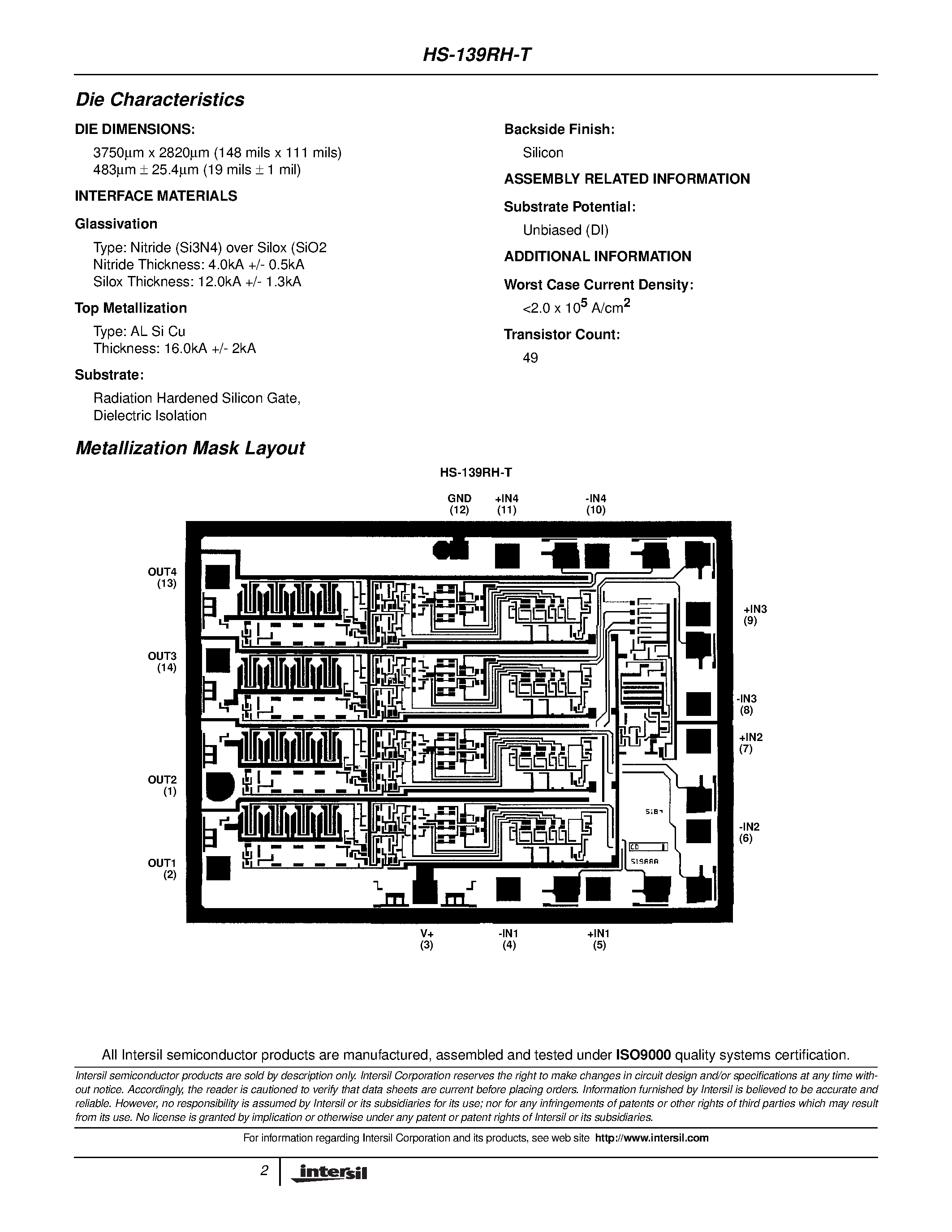 Datasheet HS9-139RH-T page 2 Datasheet HS9-139RH-T - Radiation Hardened Quad Voltage Comparator page 2