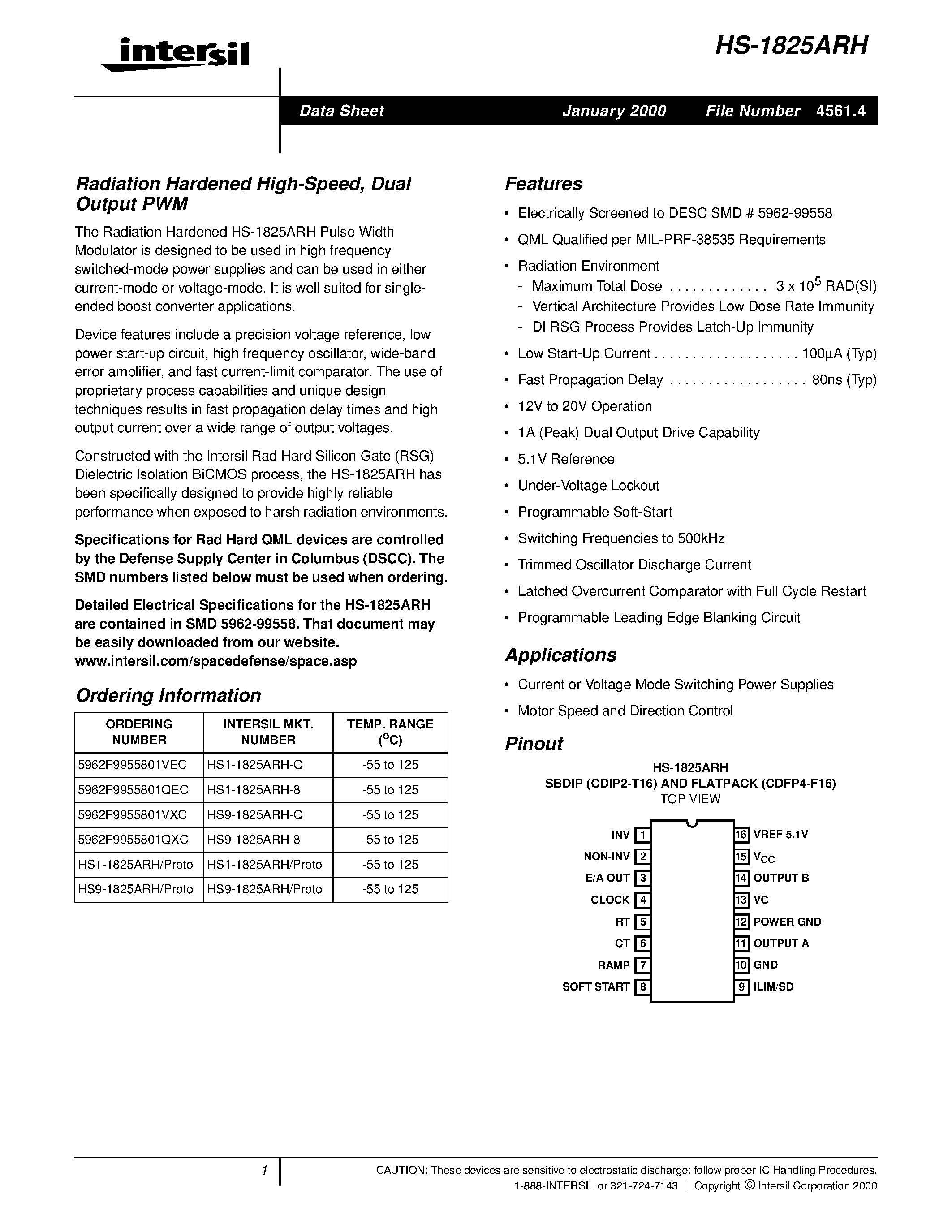 Datasheet HS9-1825ARH-8 - Radiation Hardened High-Speed/ Dual Output PWM page 1