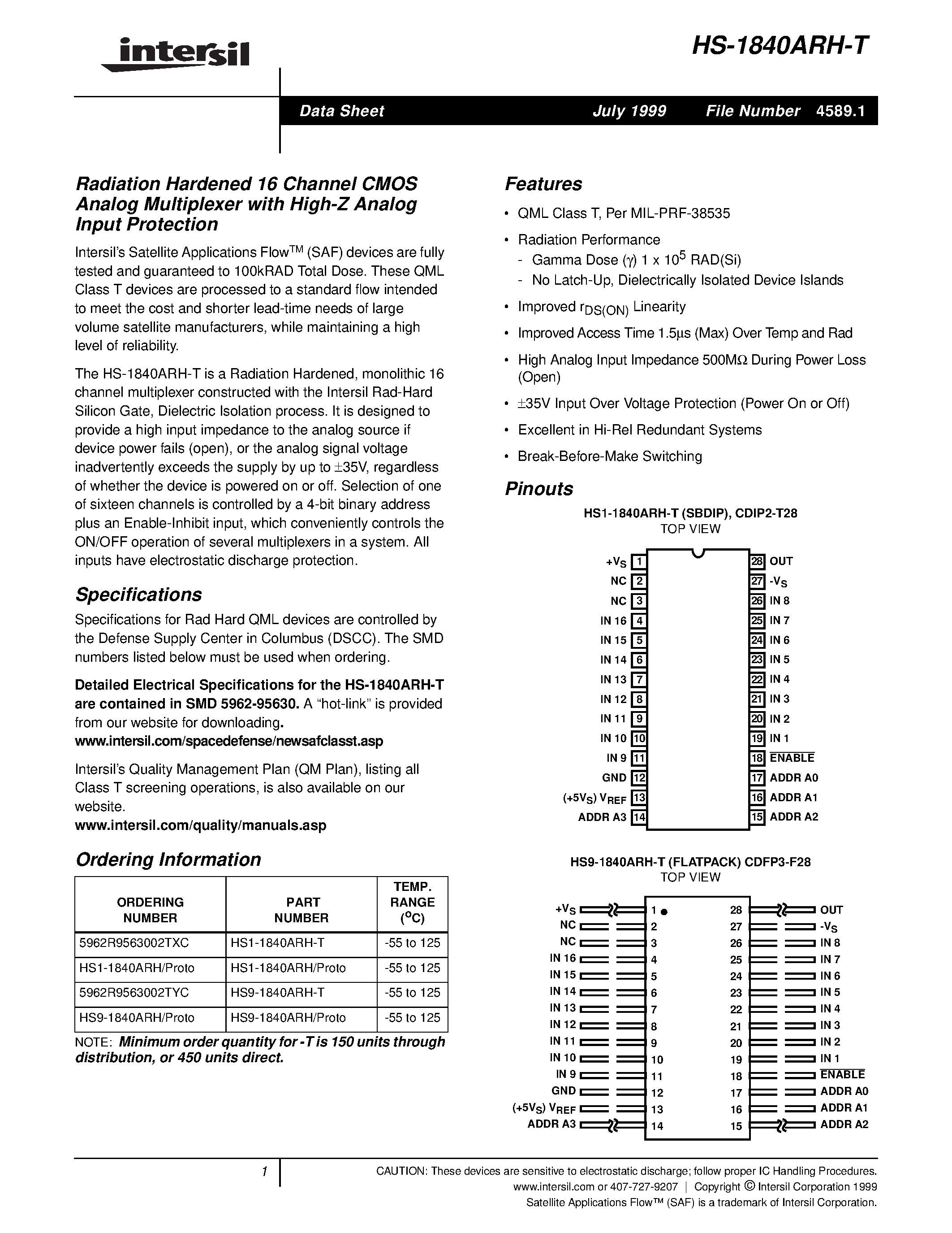 Datasheet HS9-1840ARH page 1 Datasheet HS9-1840ARH - Rad-Hard 16 Channel CMOS Analog Multiplexer with High-Z Analog Input Protection page 1