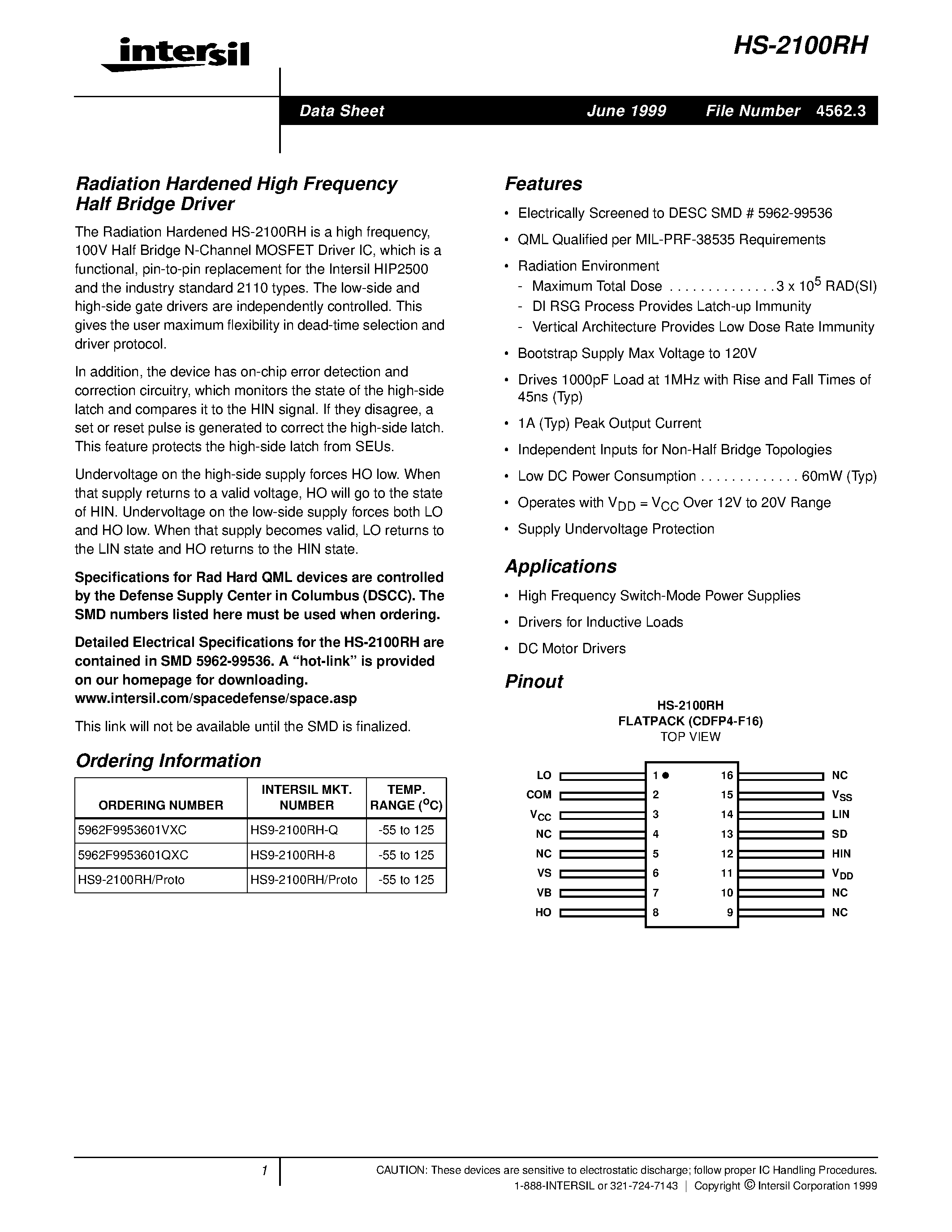 Datasheet HS9-2100RH-8 - Radiation Hardened High Frequency Half Bridge Driver page 1
