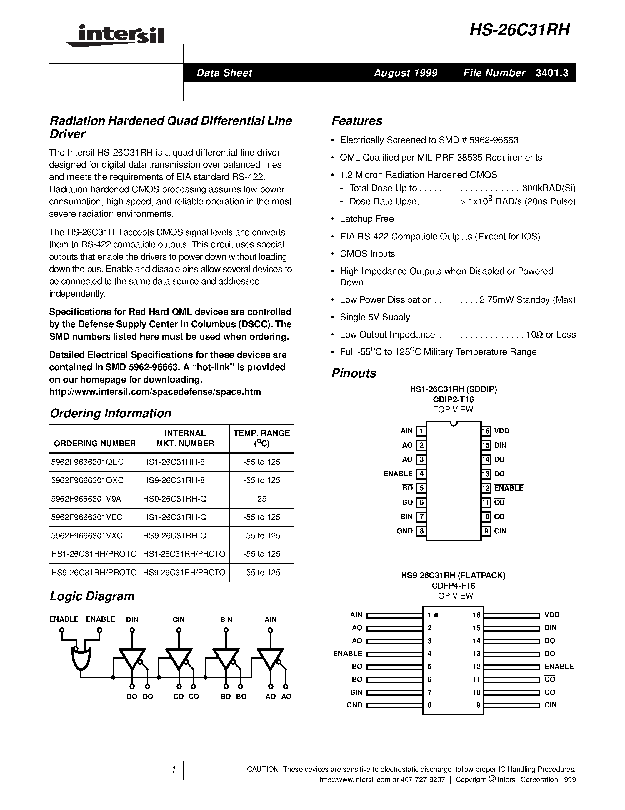 Datasheet HS9-26C31RH-8 - Radiation Hardened Quad Differential Line Driver page 1
