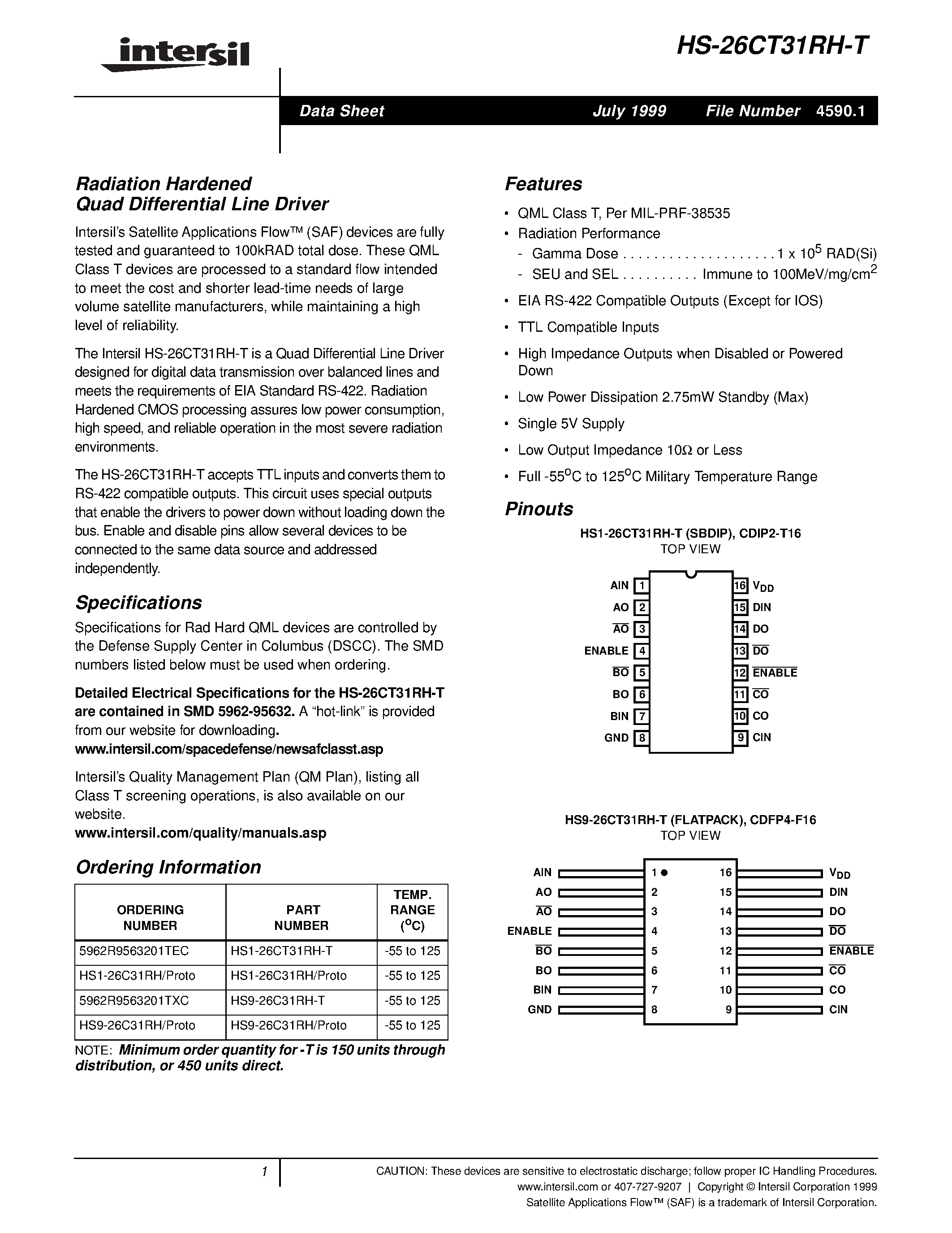 Datasheet HS9-26C31RH-T page 1 Datasheet HS9-26C31RH-T - Radiation Hardened Quad Differential Line Driver page 1