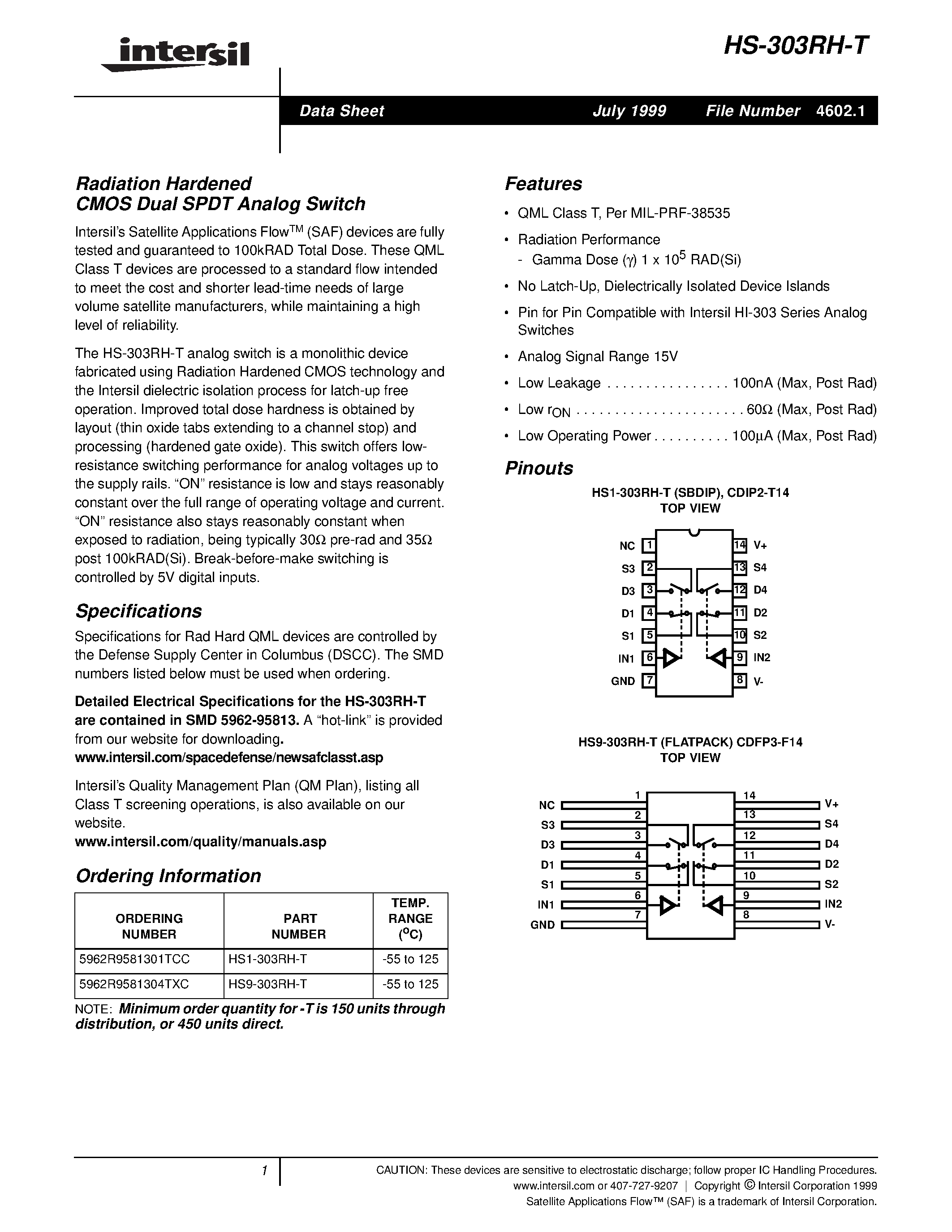 Datasheet HS9-303RH-T page 1 Datasheet HS9-303RH-T - Radiation Hardened CMOS Dual SPDT Analog Switch page 1