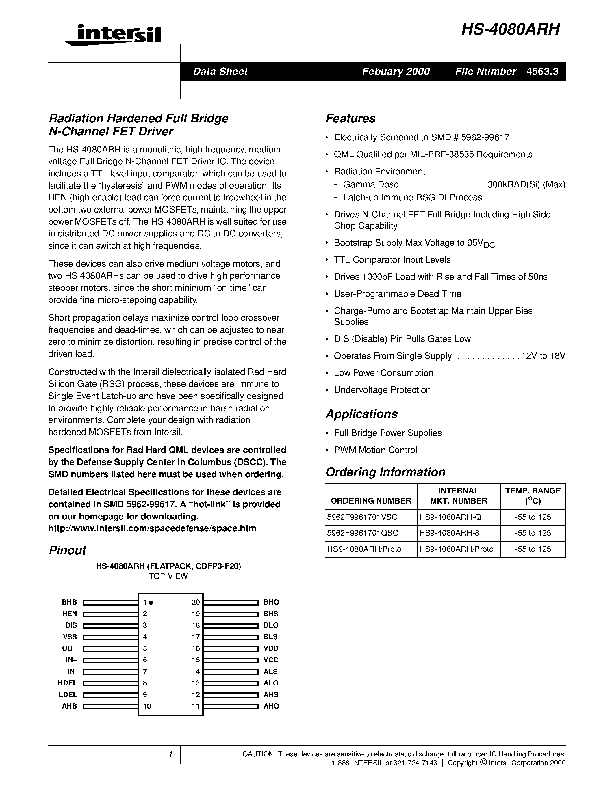 Datasheet HS9-4080ARH page 1 Datasheet HS9-4080ARH - Radiation Hardened Full Bridge N-Channel FET Driver page 1