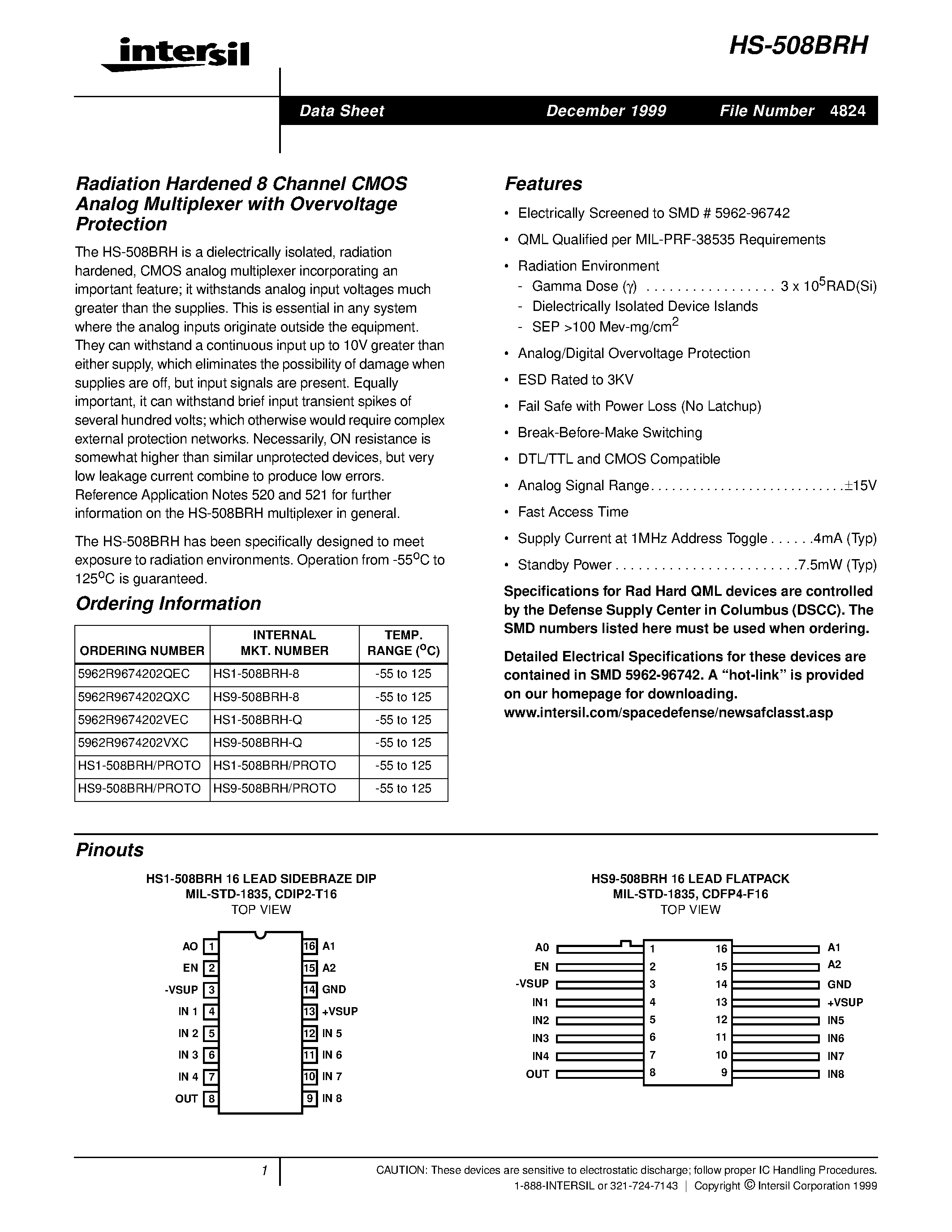 Datasheet HS9-508BRH-Q page 1 Datasheet HS9-508BRH-Q - Radiation Hardened 8 Channel CMOS Analog Multiplexer with Overvoltage Protection page 1