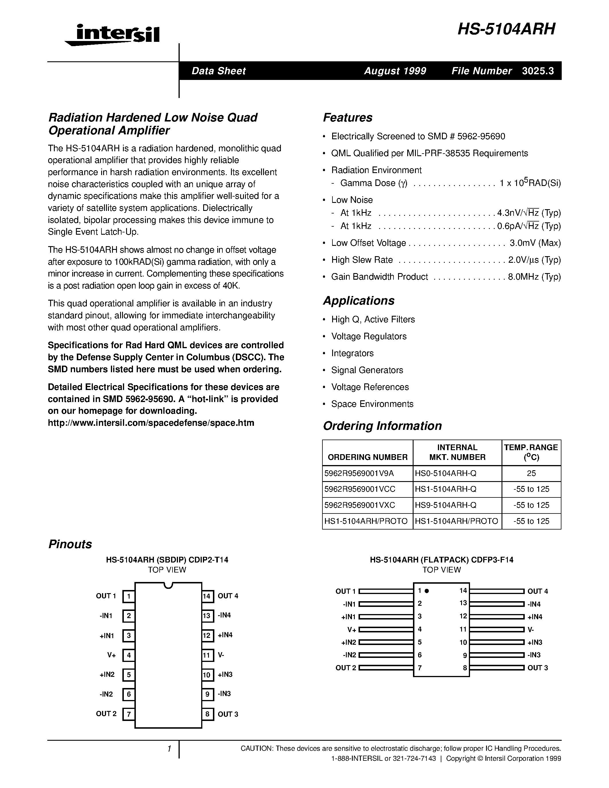 Datasheet HS9-5104ARH-Q page 1 Datasheet HS9-5104ARH-Q - Radiation Hardened Low Noise Quad Operational Amplifier page 1