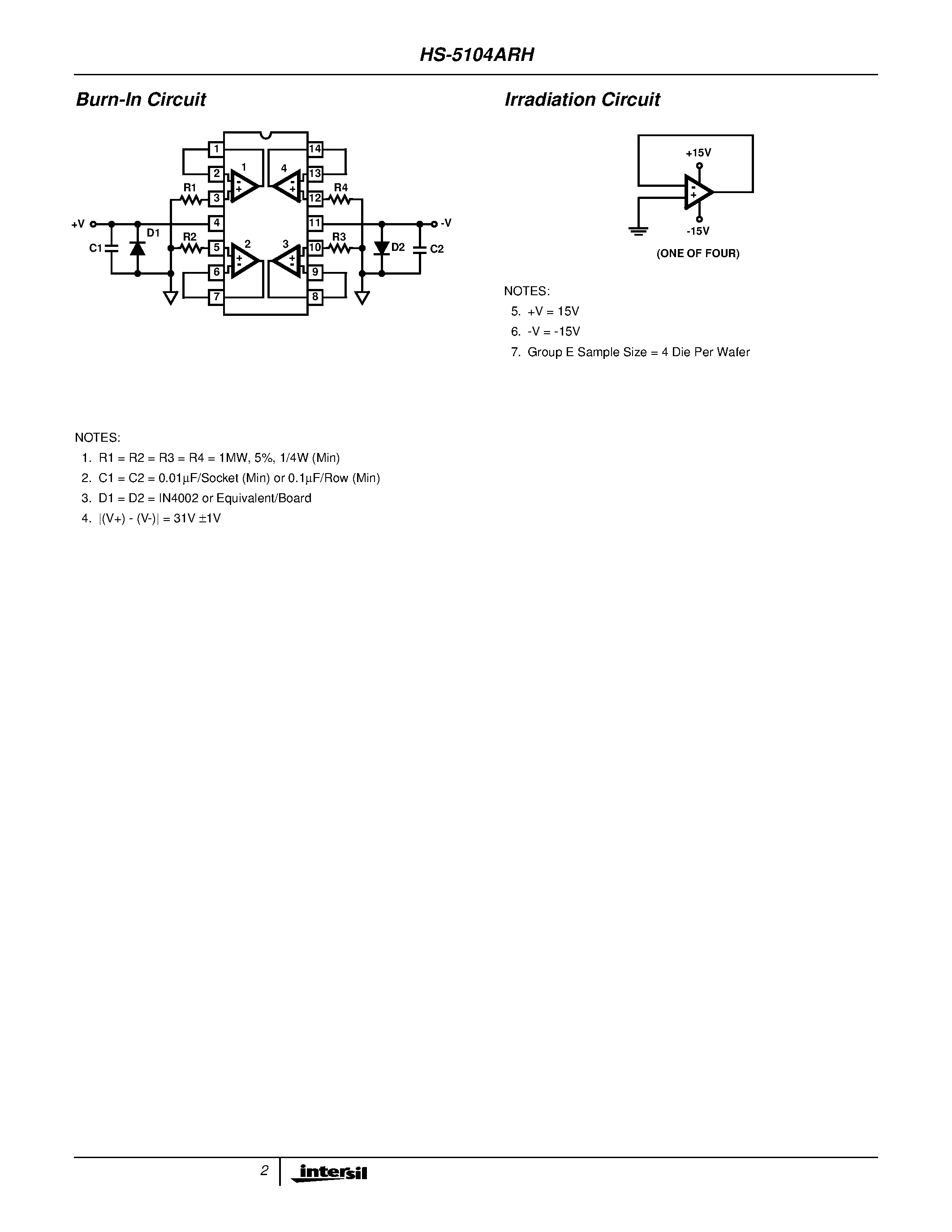 Даташит HS9-5104ARH-Q - Radiation Hardened Low Noise Quad Operational Amplifier страница 2