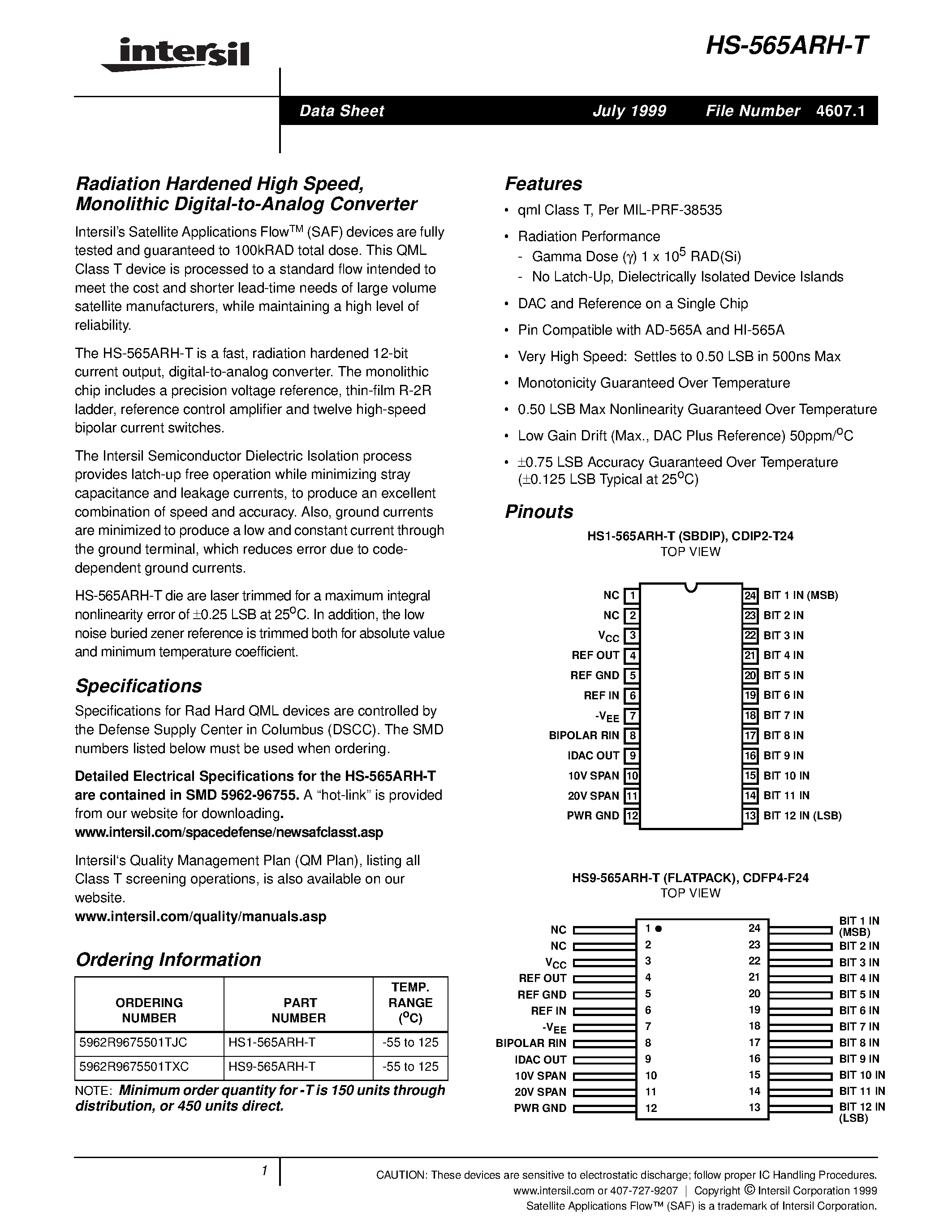 Datasheet HS9-565ARH-T page 1 Datasheet HS9-565ARH-T - Radiation Hardened High Speed/ Monolithic Digital-to-Analog Converter page 1