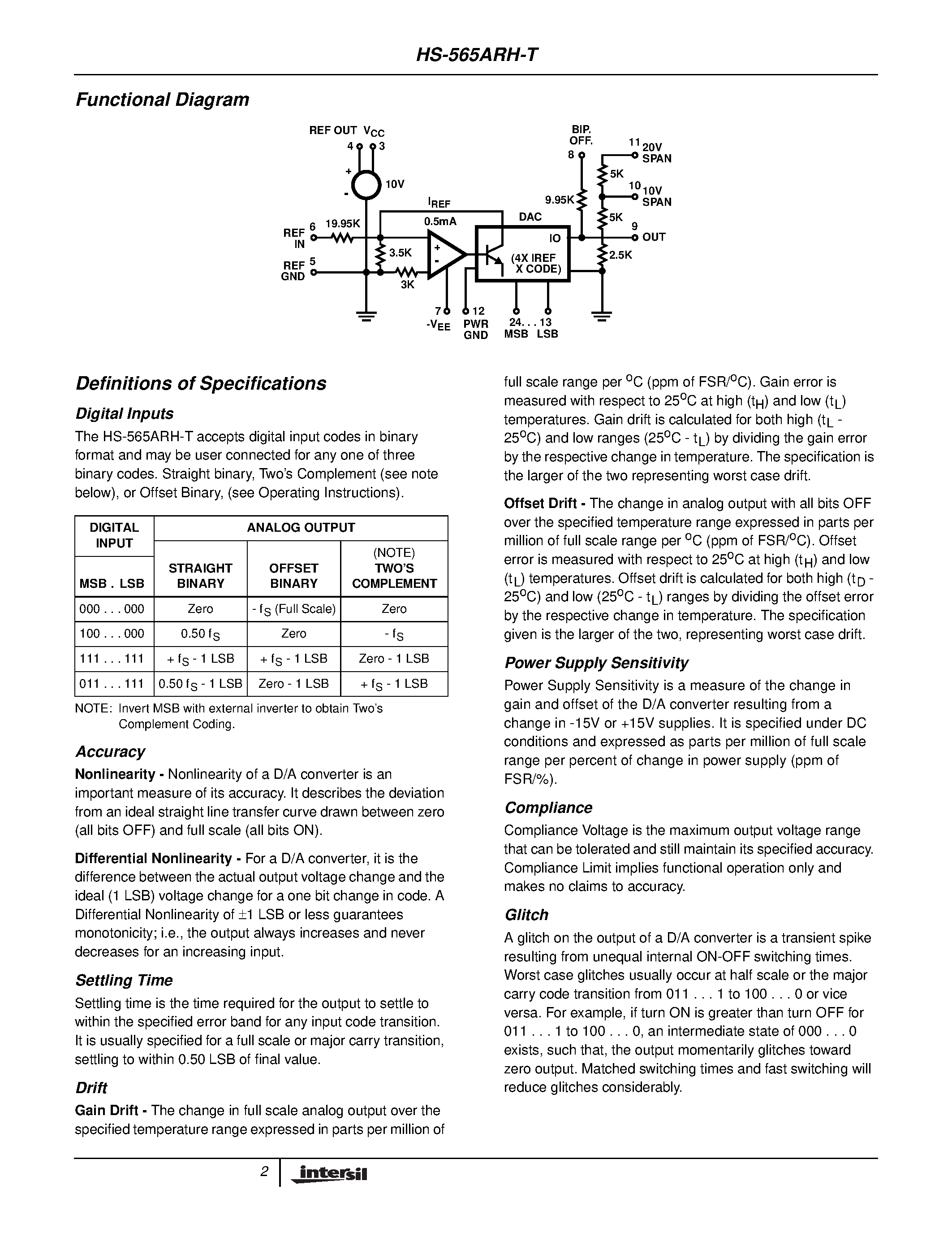 Datasheet HS9-565ARH-T page 2 Datasheet HS9-565ARH-T - Radiation Hardened High Speed/ Monolithic Digital-to-Analog Converter page 2