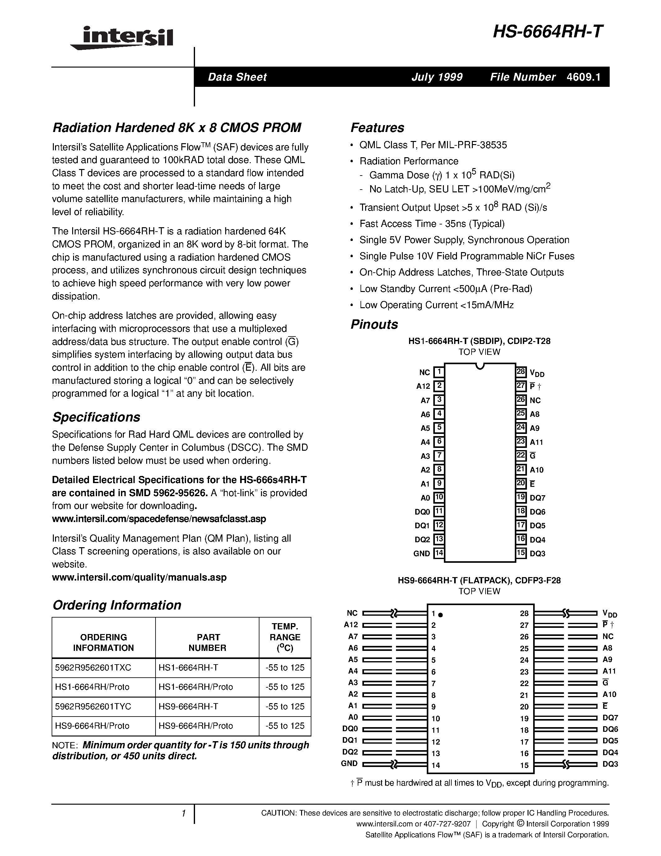 Datasheet HS9-6664RH-T page 1 Datasheet HS9-6664RH-T - Radiation Hardened 8K x 8 CMOS PROM page 1