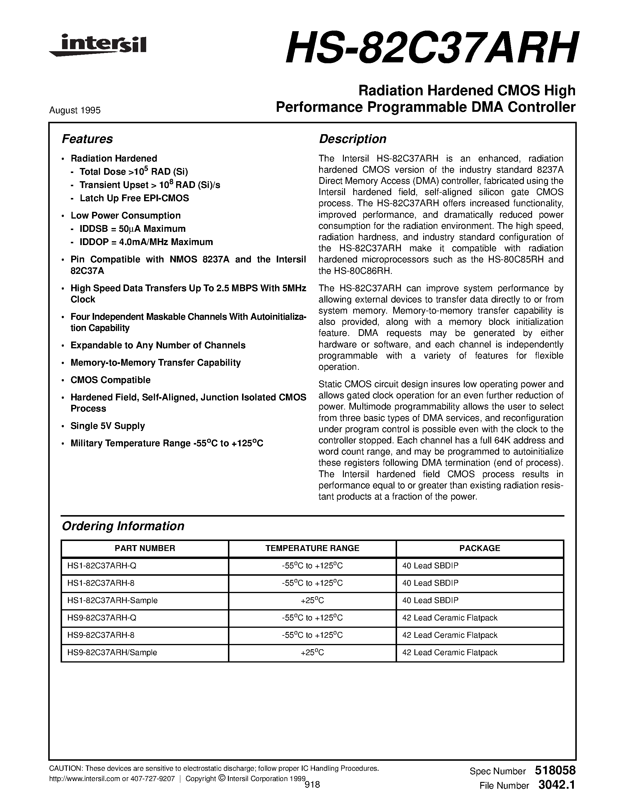 Даташит HS9-82C37ARH-Q - Radiation Hardened CMOS High Performance Programmable DMA Controller страница 1