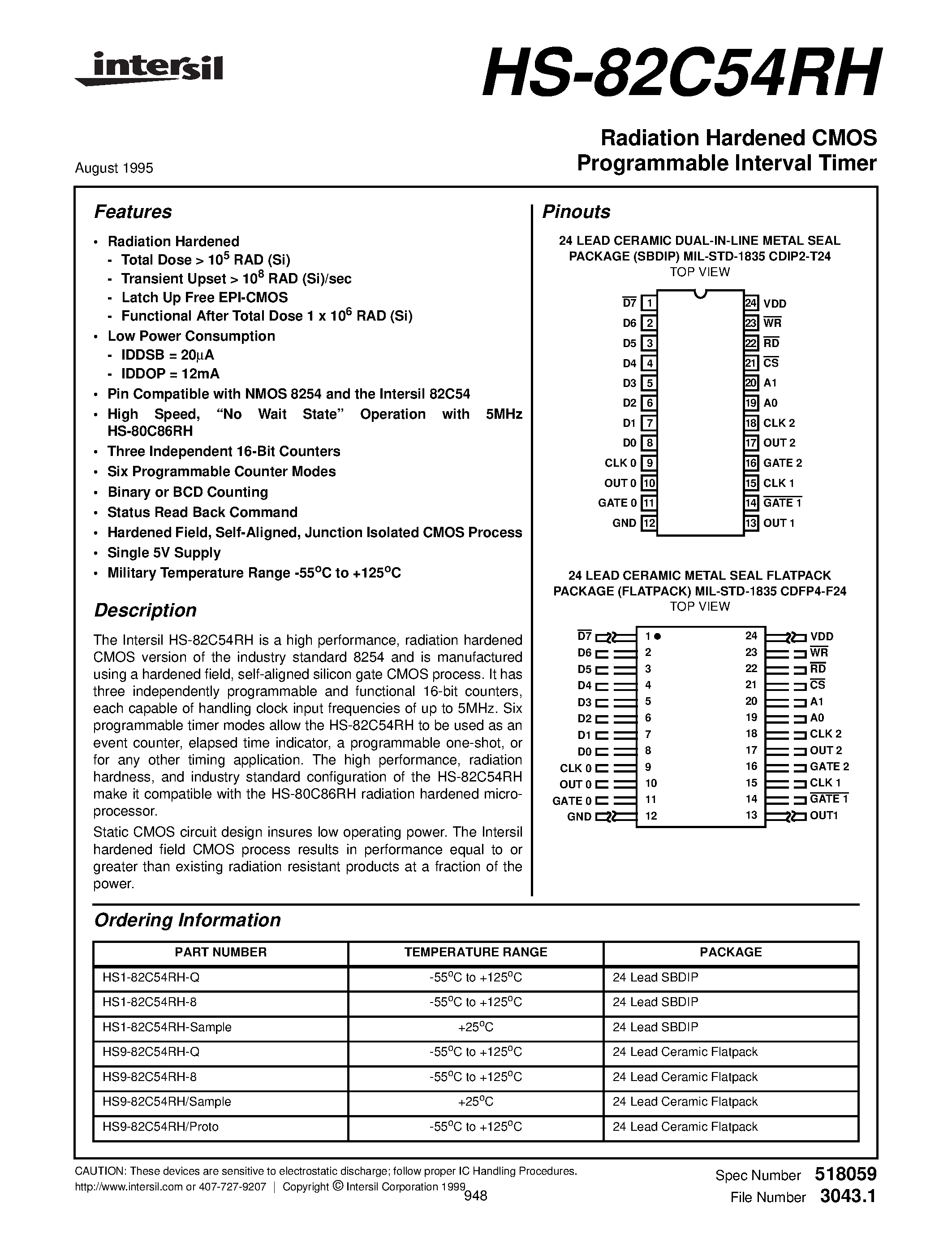 Даташит HS9-82C54RH-8 - Radiation Hardened CMOS Programmable Interval Timer страница 1