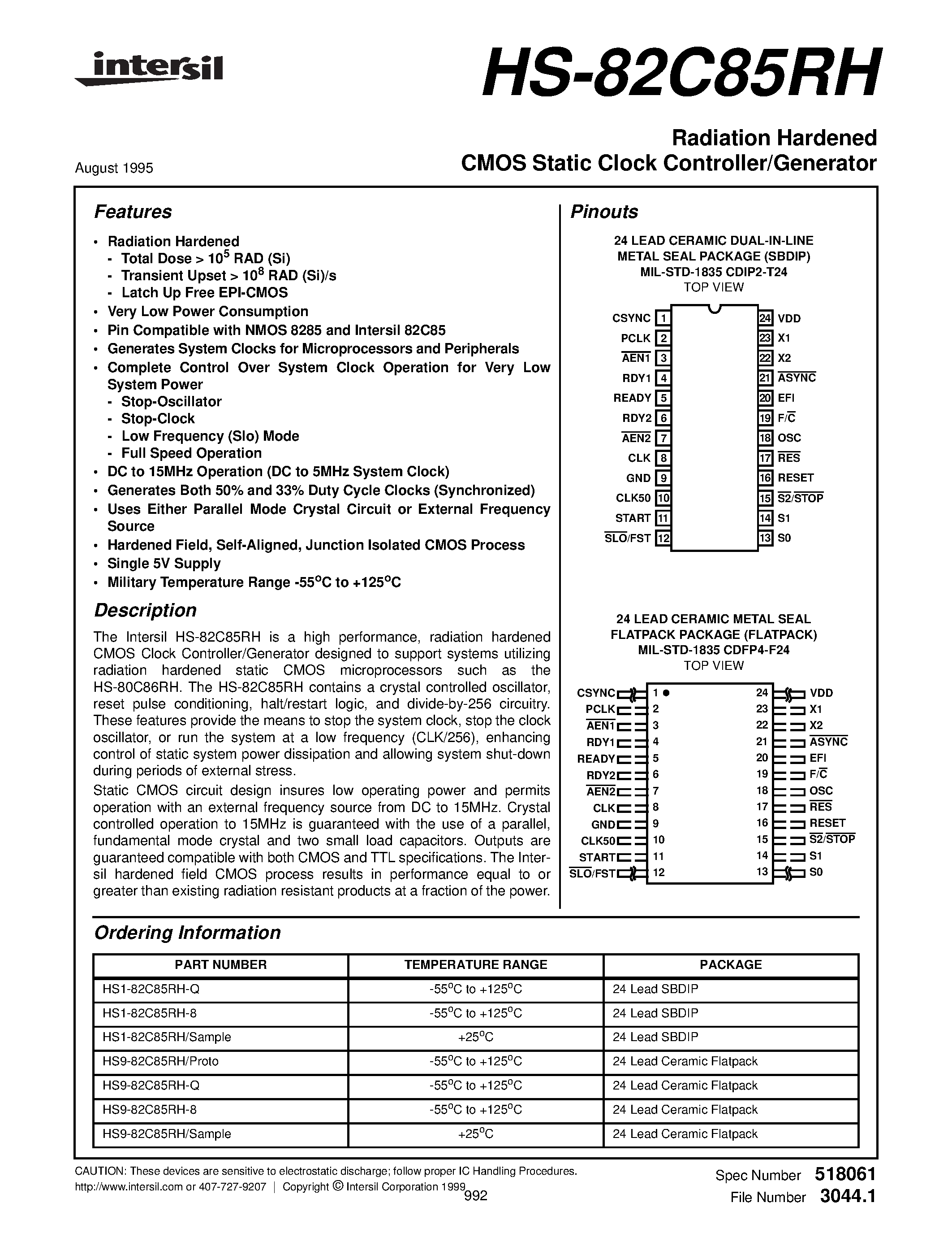 Datasheet HS9-82C85RH-8 - Radiation Hardened CMOS Static Clock Controller/Generator page 1