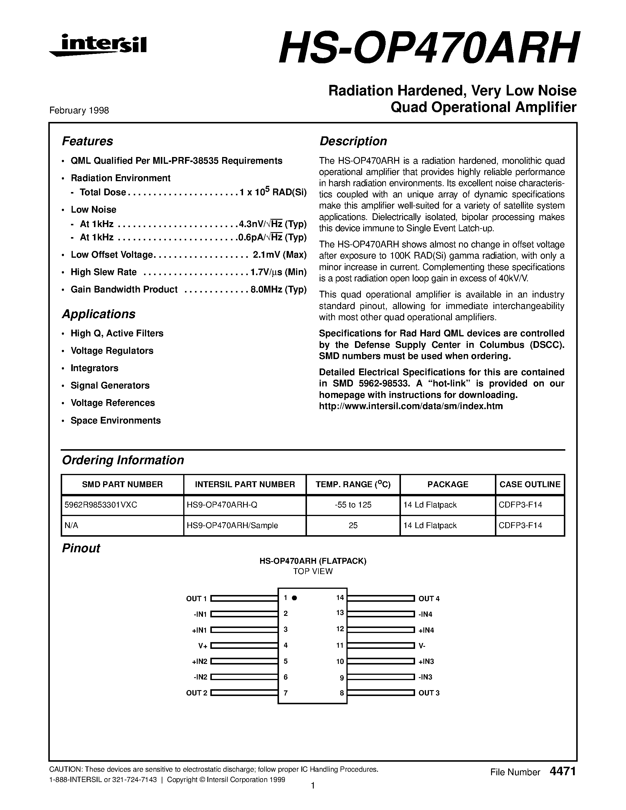 Datasheet HS9-OP470ARH-Q page 1 Datasheet HS9-OP470ARH-Q - Radiation Hardened/ Very Low Noise Quad Operational Amplifier page 1