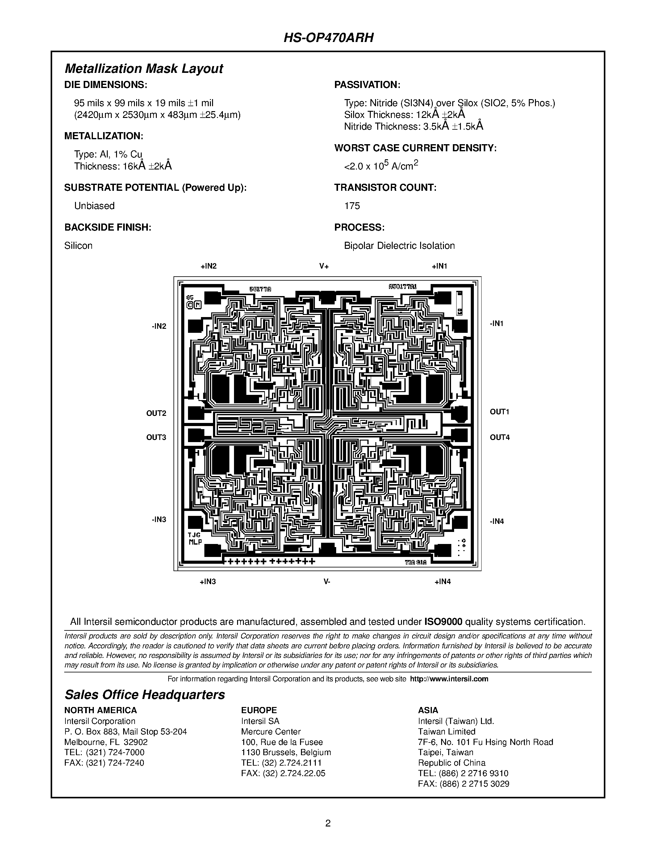 Datasheet HS9-OP470ARH-Q page 2 Datasheet HS9-OP470ARH-Q - Radiation Hardened/ Very Low Noise Quad Operational Amplifier page 2