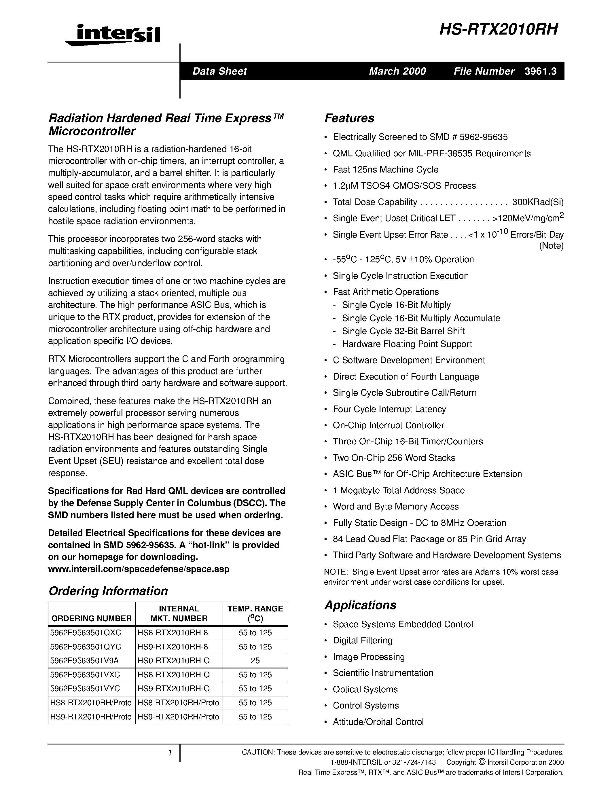 Datasheet HS9-RTX2010RH-8 - Radiation Hardened Real Time Express Microcontroller page 1