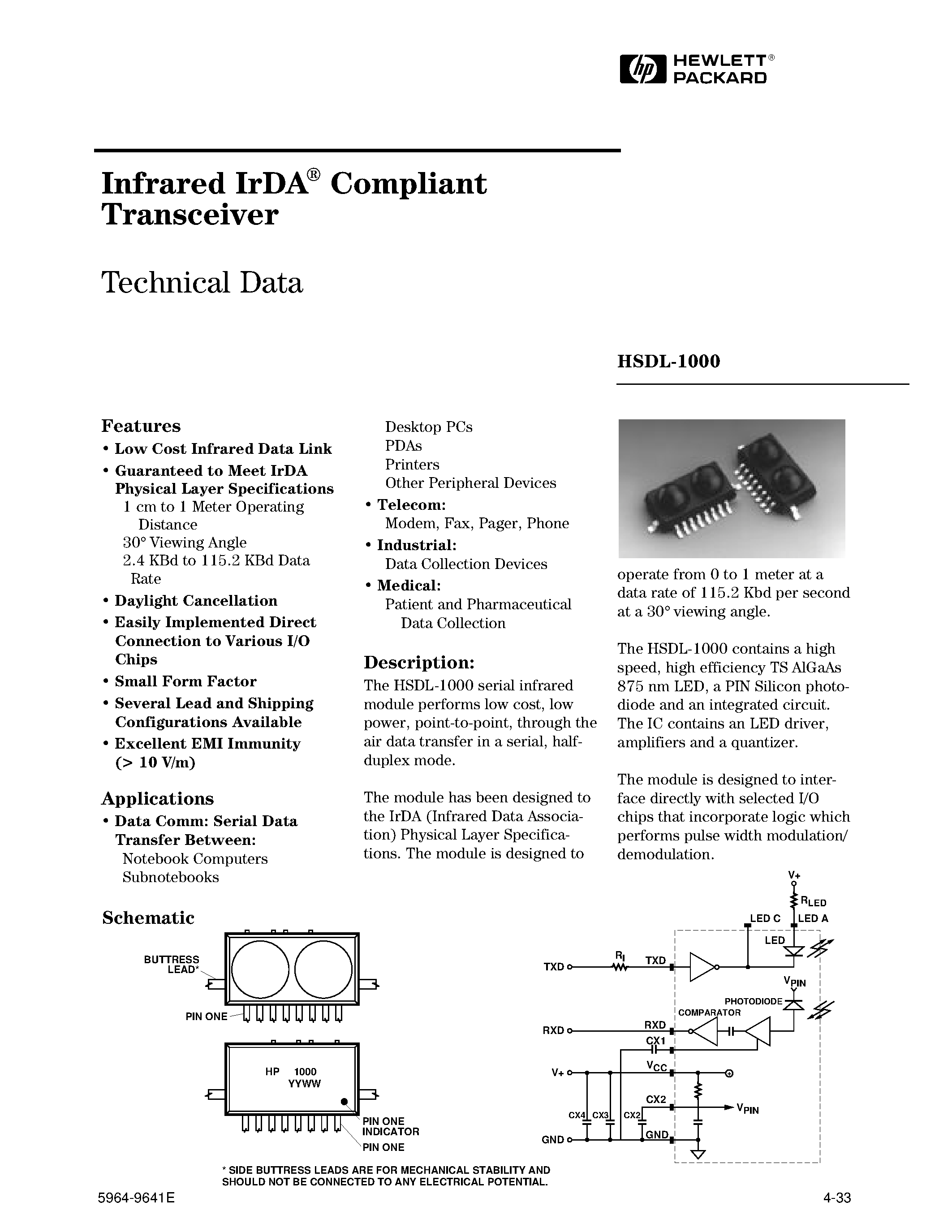 Datasheet HSDL-1000 - General Application Guide for the HSDL-1100 4 Mb/s Infrared Transceiver page 1