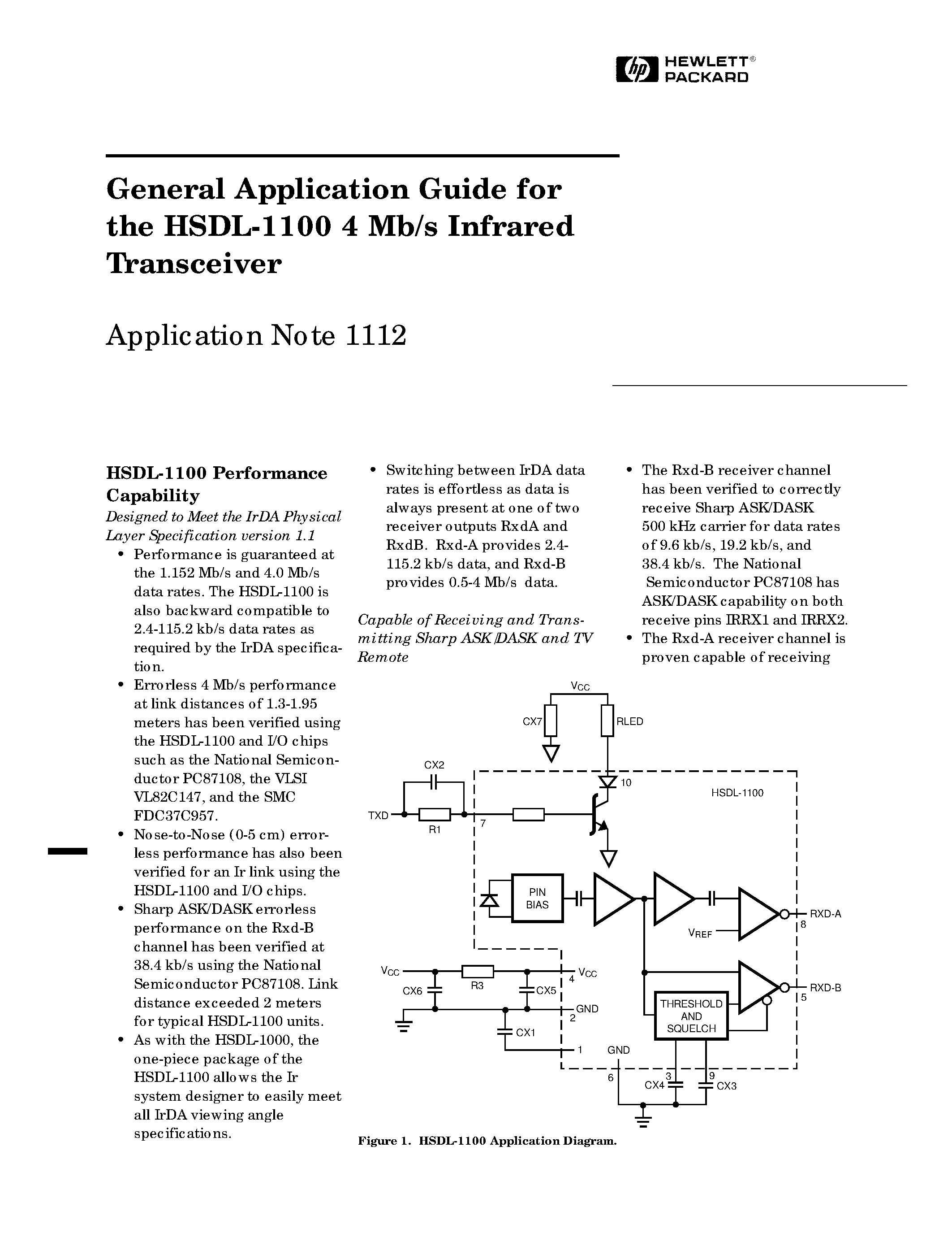 Datasheet HSDL-1100 - General Application Guide for the HSDL-1100 4 Mb/s Infrared Transceiver page 1