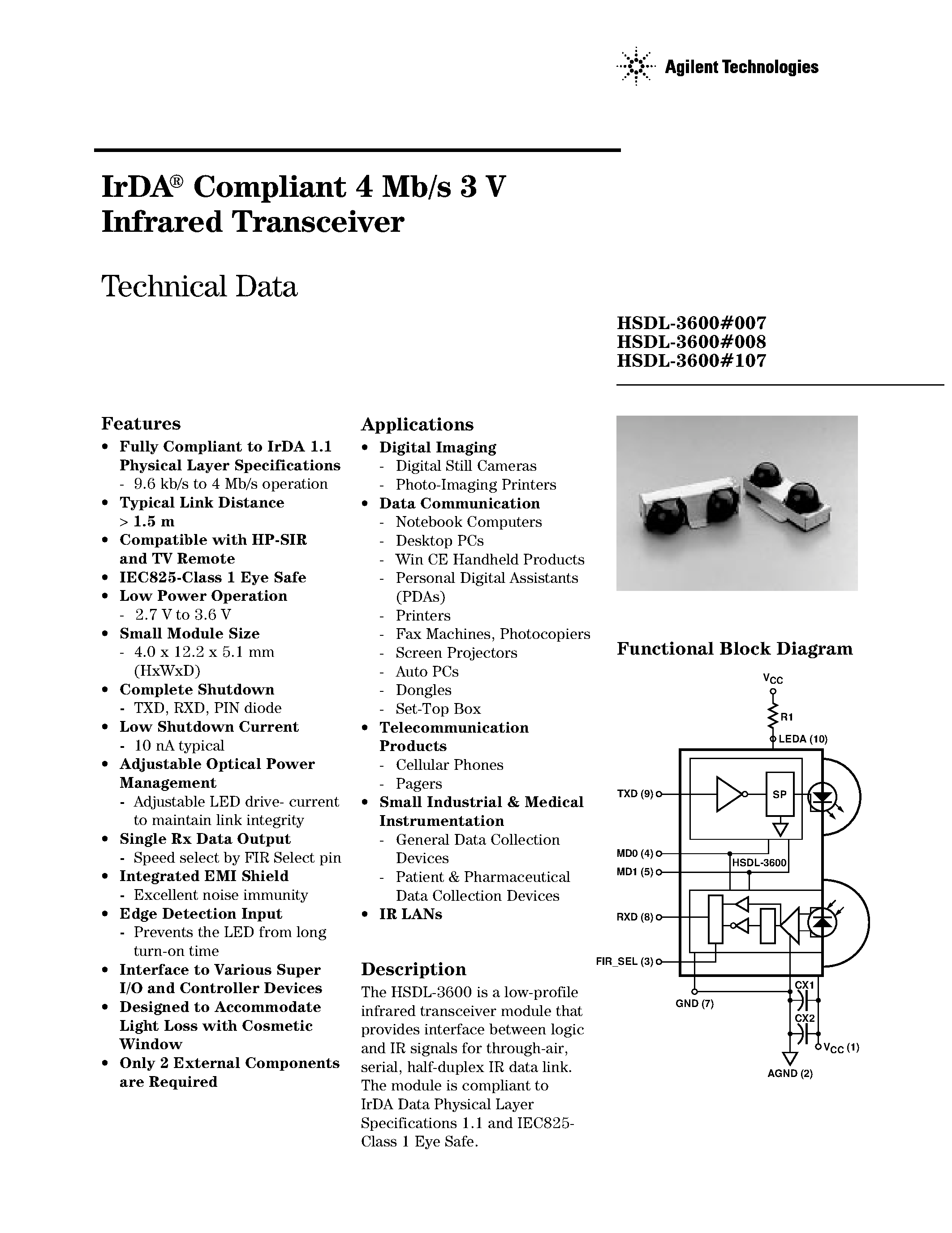 Datasheet HSDL-3600 - IrDA Compliant 4 Mb/s 3 V Infrared Transceiver page 1
