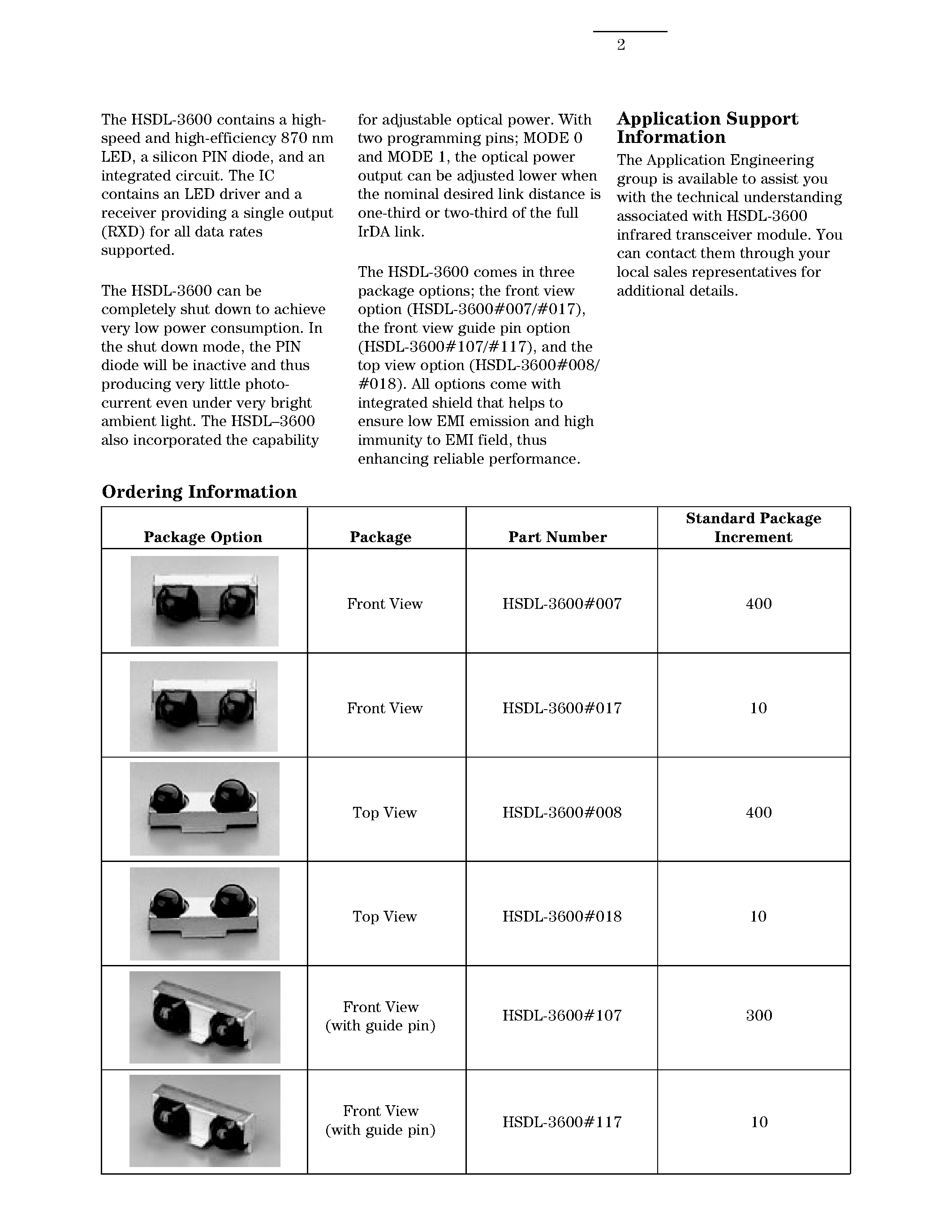 Datasheet HSDL-3600 - IrDA Compliant 4 Mb/s 3 V Infrared Transceiver page 2