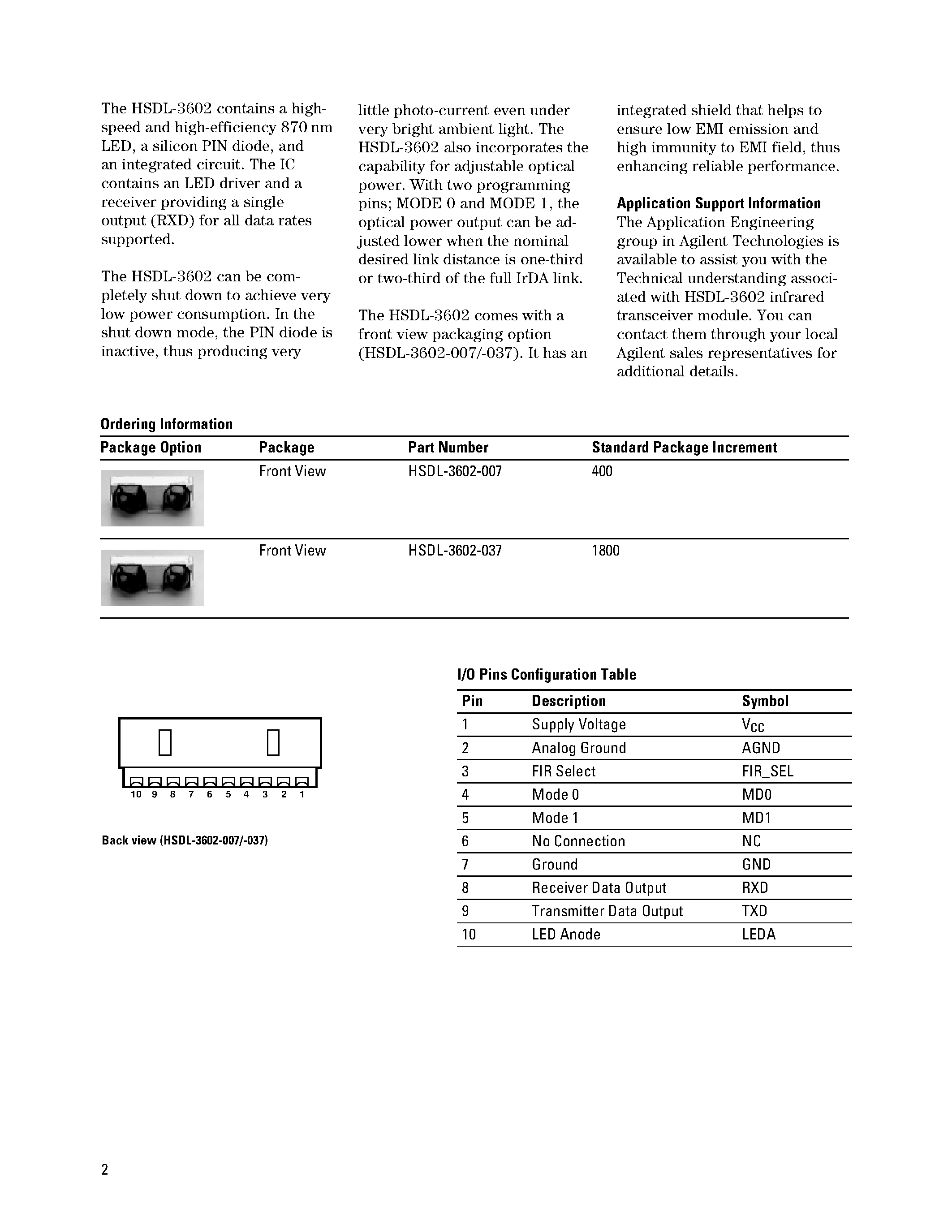 Datasheet HSDL-3602-007 - Agilent HSDL-3602 IrDA Data 1.4 Compliant 4 Mb/s 3V Infrared Transceiver page 2