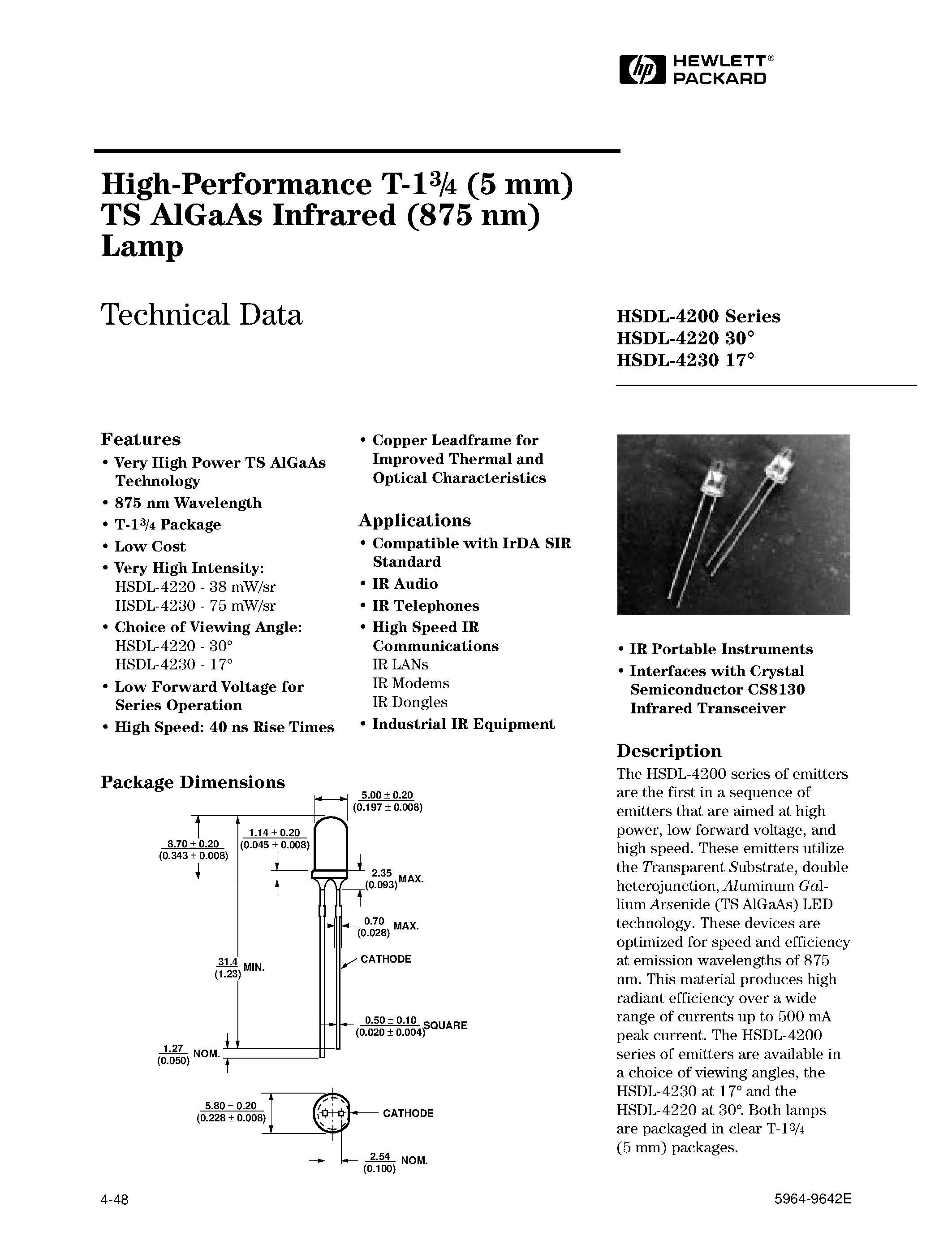 Даташит HSDL-4220 - High-Performance T-13/4 (5 mm) TS AlGaAs Infrared (875 nm) Lamp страница 1