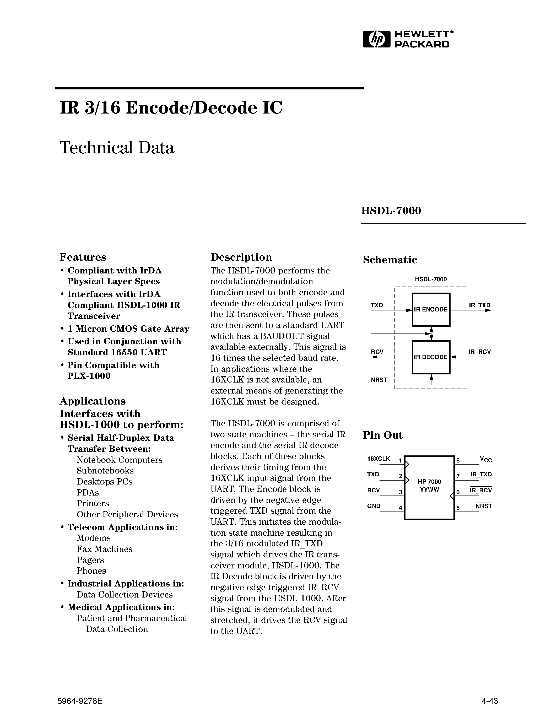 Даташит HSDL-7000 - IR 3/16 Encode/Decode IC страница 1
