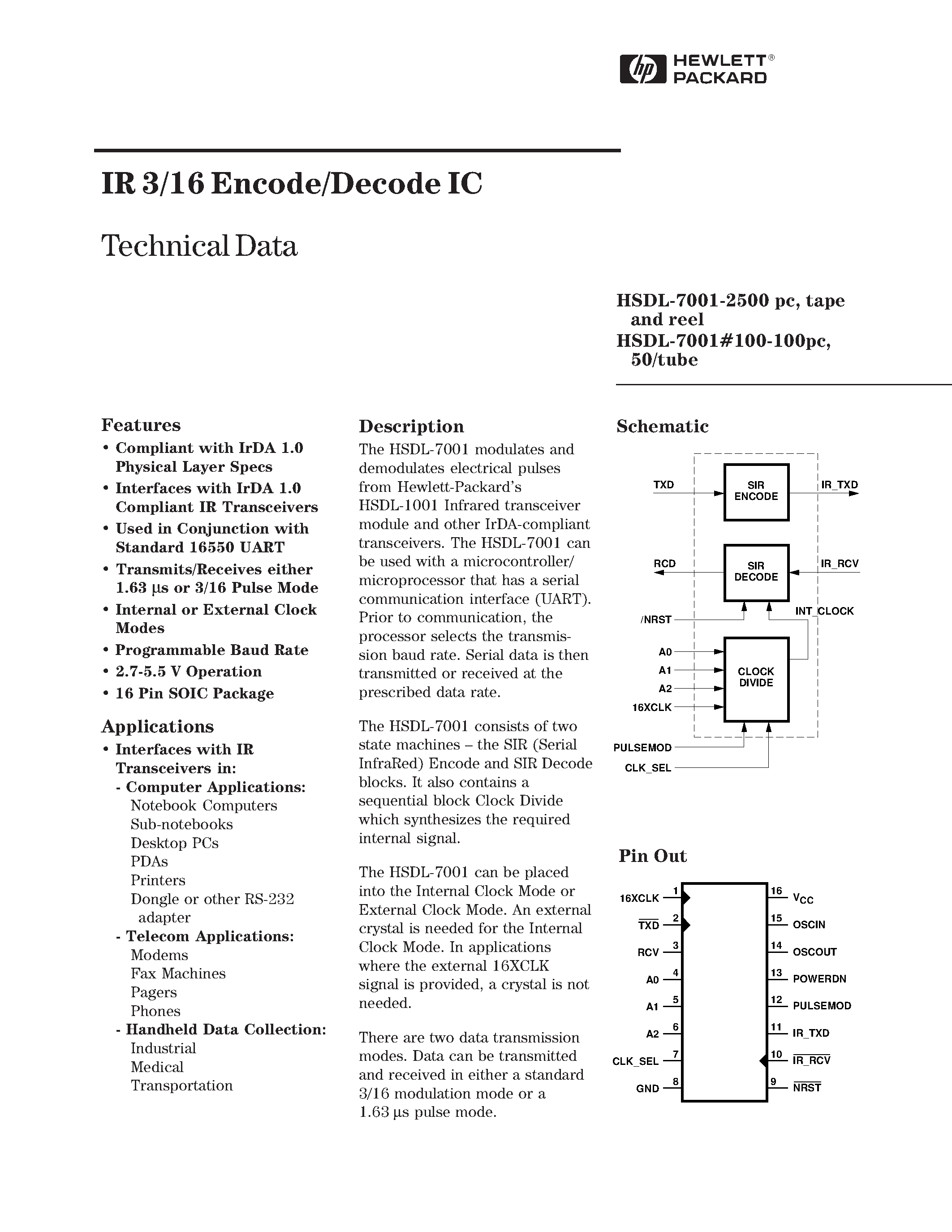 Даташит HSDL-7001-2500 - IR 3/16 Encode/Decode IC страница 1