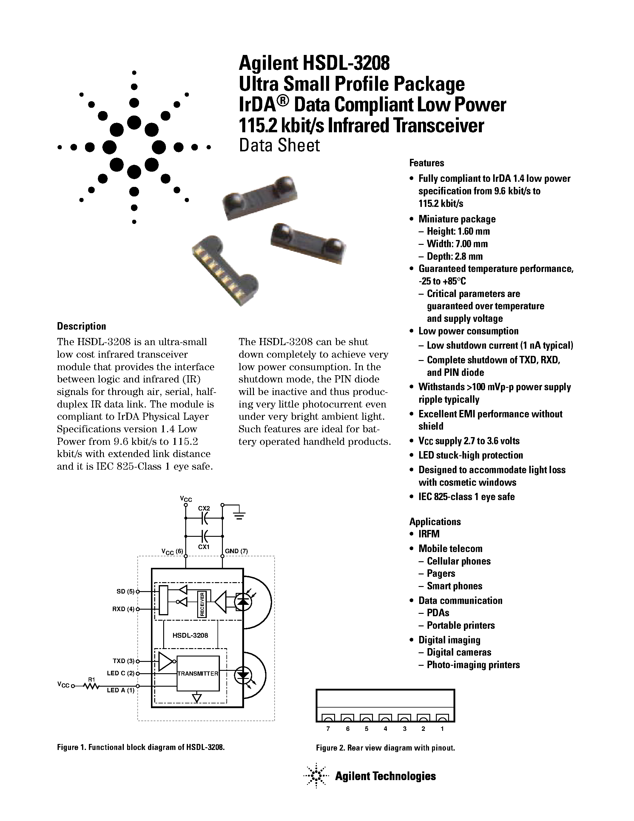 Datasheet HSDL3208 - Ultra Small Profile Package IrDA Data Compliant Low Power 115.2 kbit/s Infrared Transceiver page 1