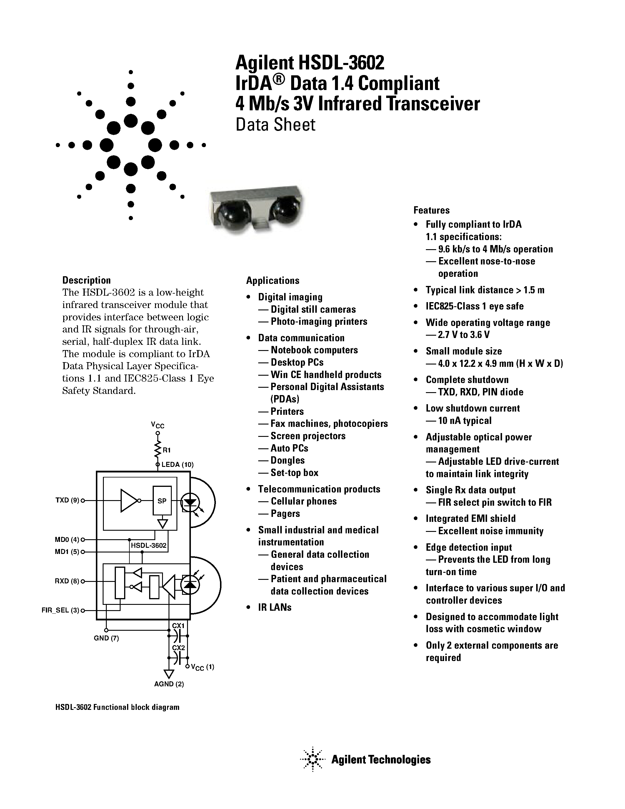 Datasheet HSDL3602 - Agilent HSDL-3602 IrDA Data 1.4 Compliant 4 Mb/s 3V Infrared Transceiver page 1