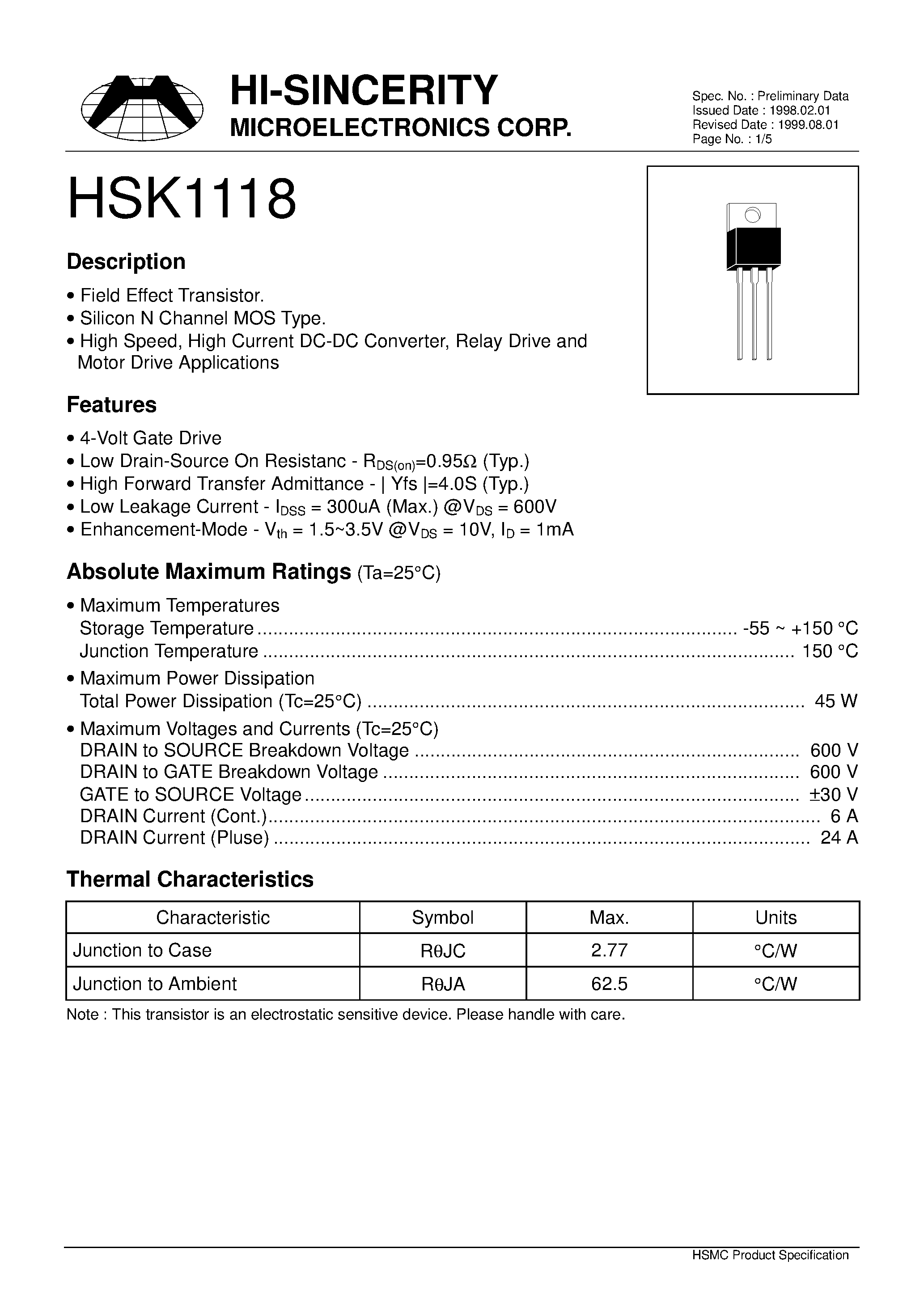 Datasheet HSK1118 - Silicon N Channel MOS Type page 1