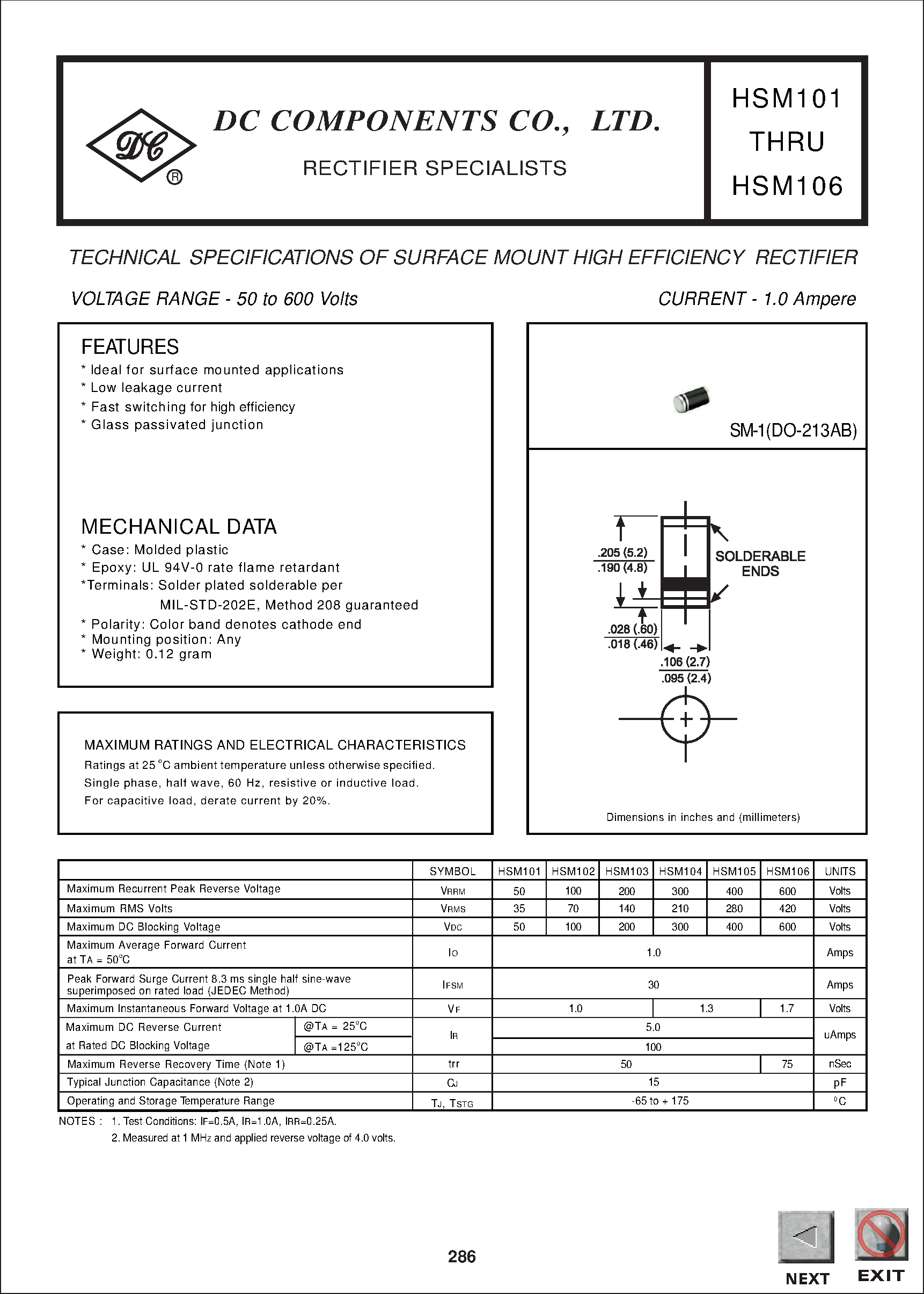 Datasheet HSM106 page 1 Datasheet HSM106 - TECHNICAL SPECIFICATIONS OF SURFACE MOUNT HIGH EFFICIENCY RECTIFIER page 1