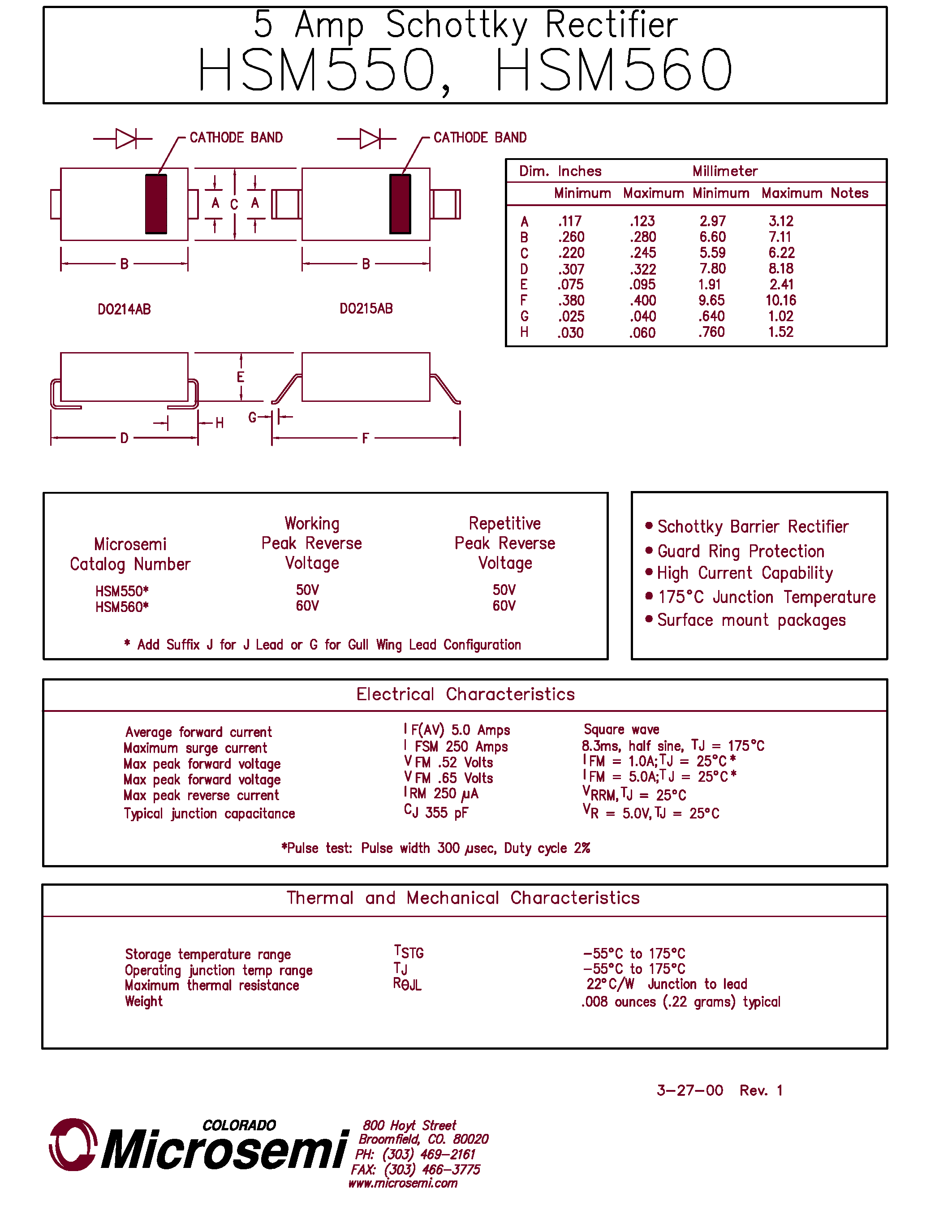 Datasheet HSM550 - 5 Amp Schottky Rectifier page 1