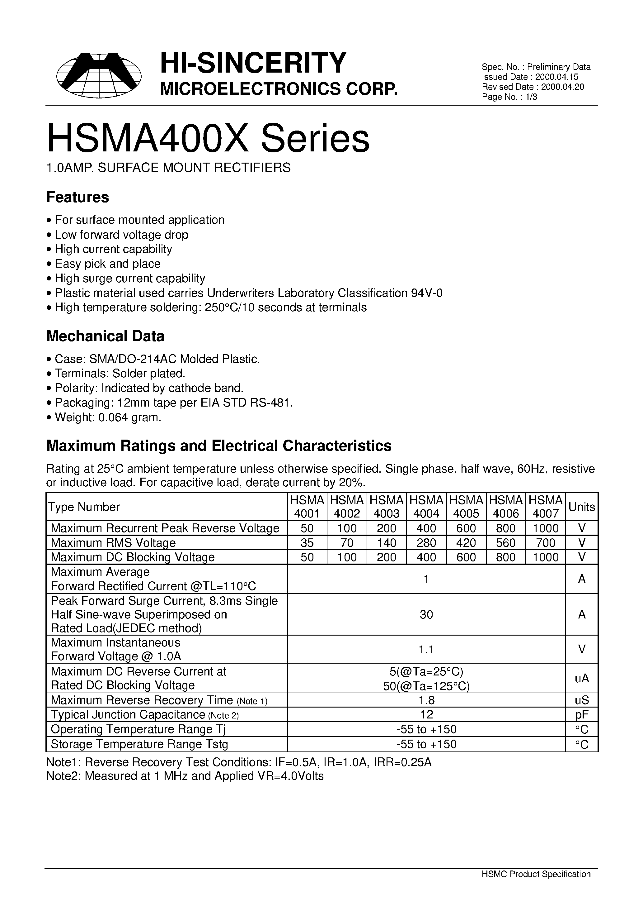 Datasheet HSMA4006 - 1.0AMP.SURFACE MOUNT RECTIFIERS page 1
