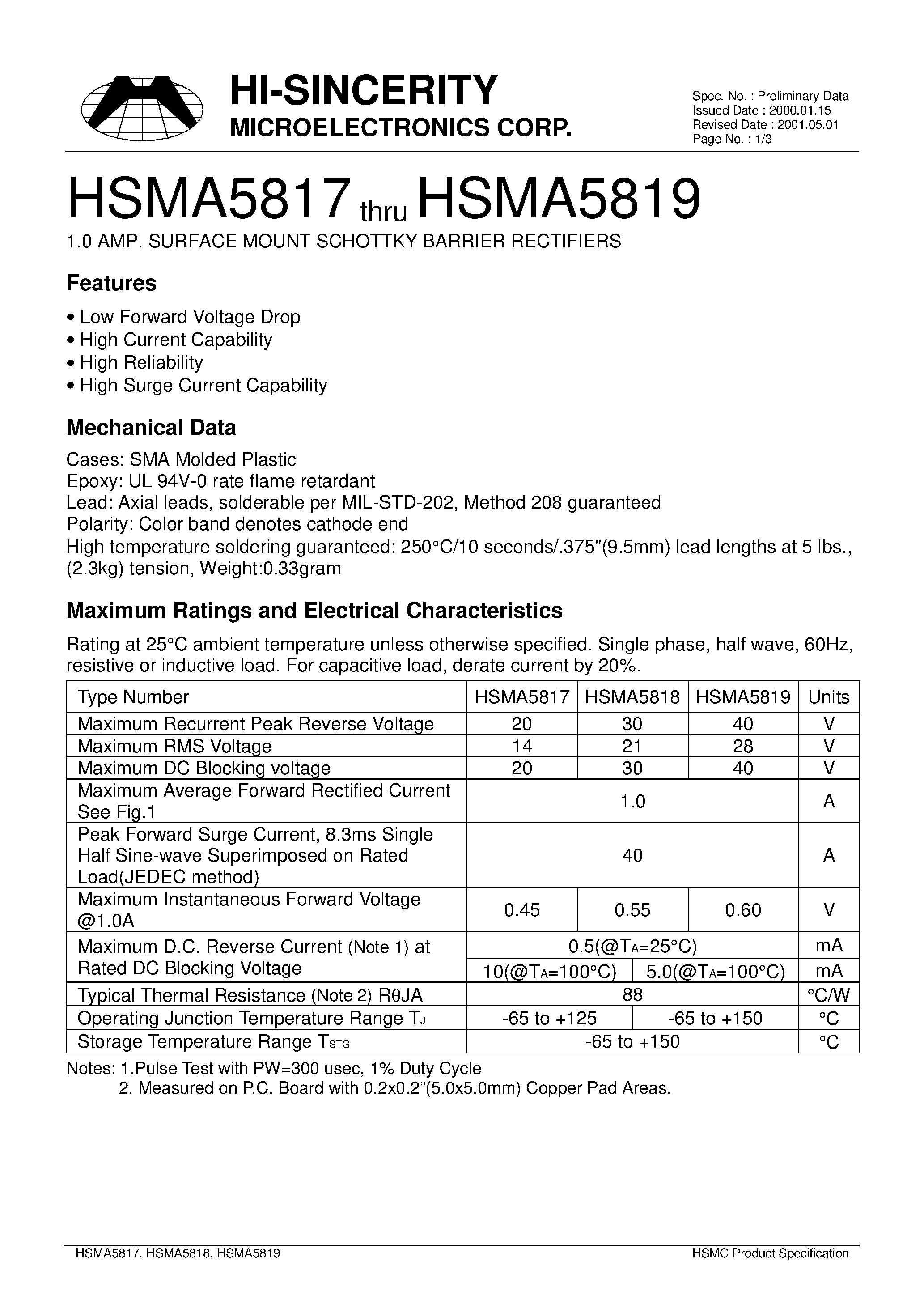 Datasheet HSMA5819 page 1 Datasheet HSMA5819 - 1.0AMP.SURFACE MOUNT SCHOTTKY BARRIER RECTIFIERS page 1