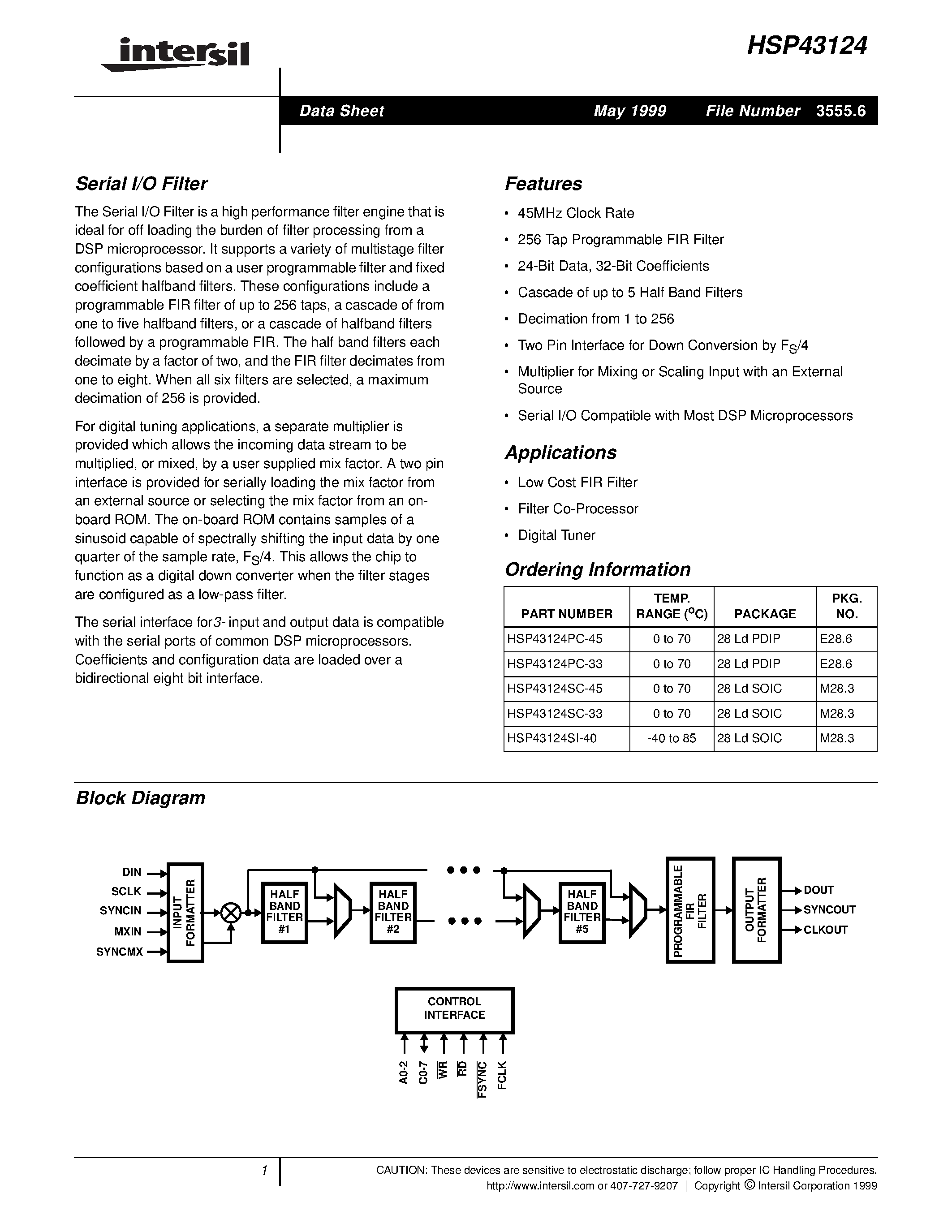 Datasheet HSP43124SI-40 page 1 Datasheet HSP43124SI-40 - Serial I/O Filter page 1