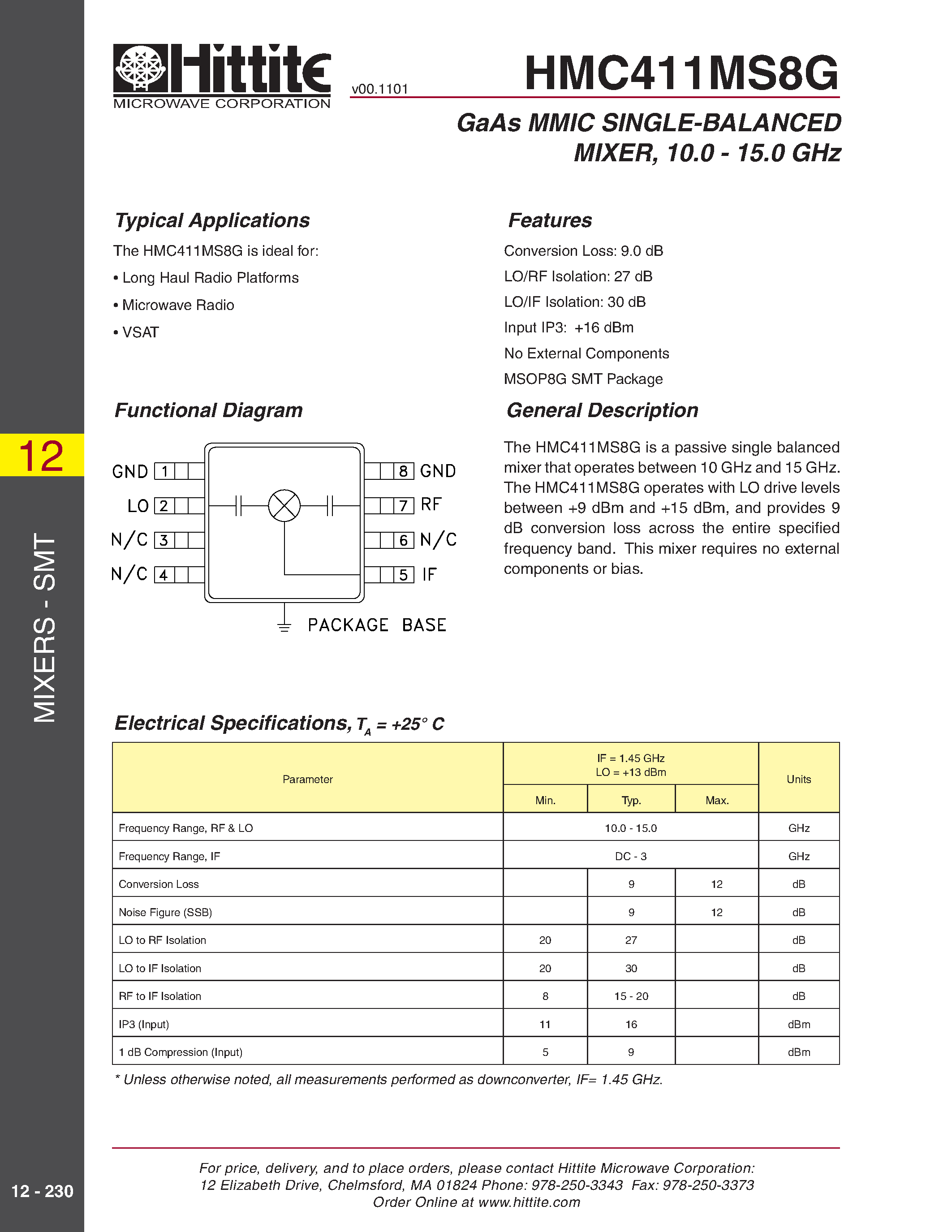 Datasheet HMC411MS8G - GaAs MMIC SINGLE-BALANCED MIXER/ 10.0 - 15.0 GHz page 1