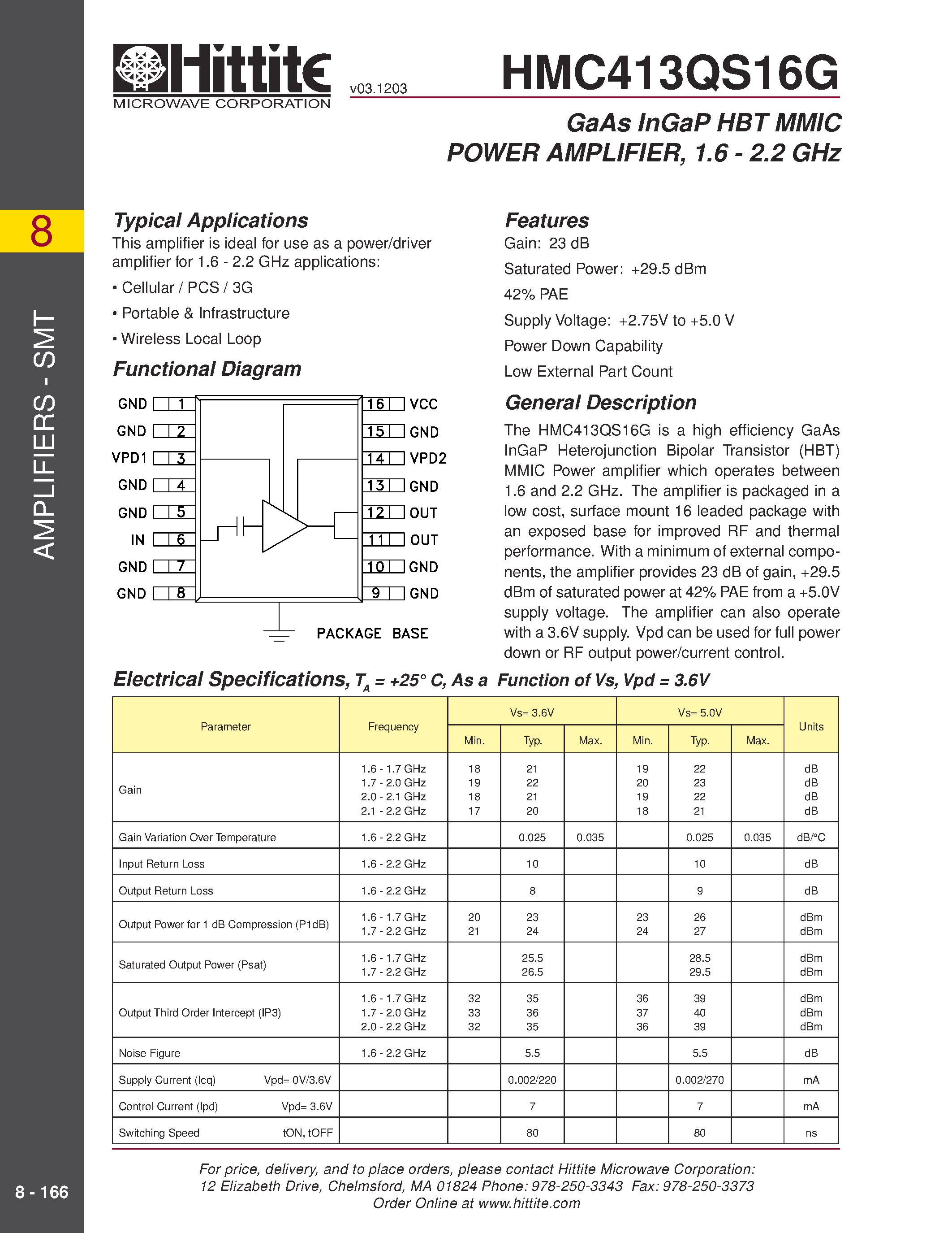 Datasheet HMC413QS16G - GaAs InGaP HBT MMIC POWER AMPLIFIER/ 1.6 - 2.2 GHz page 1