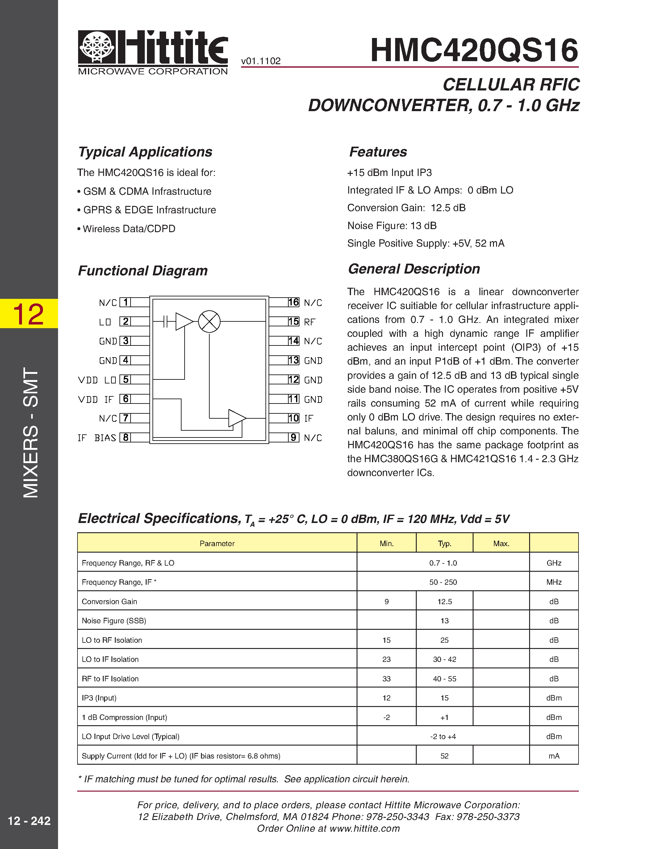 Datasheet HMC420QS16 page 1 Datasheet HMC420QS16 - CELLULAR RFIC DOWNCONVERTER/ 0.7 - 1.0 GHz page 1