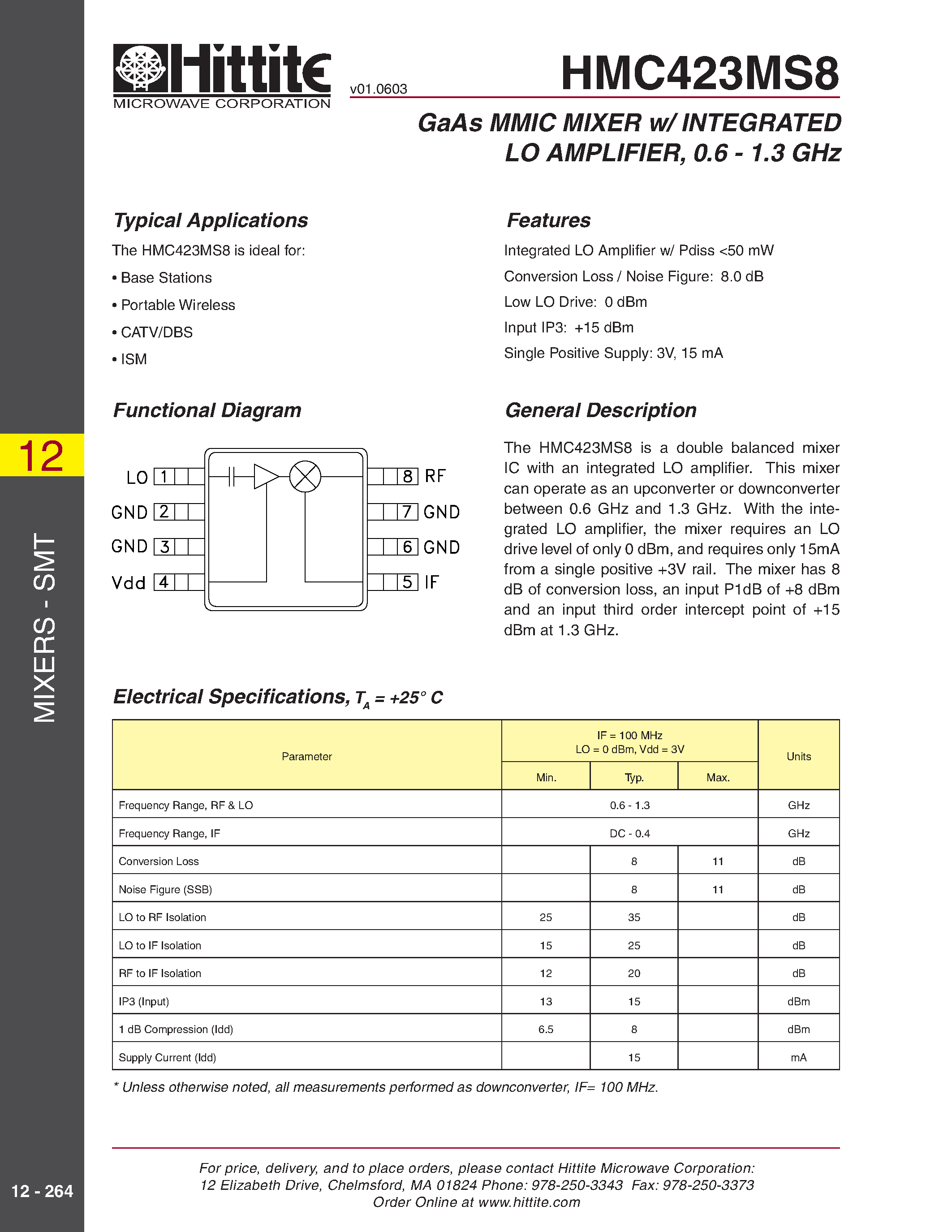 Даташит HMC423MS8 - GaAs MMIC MIXER w/ INTEGRATED LO AMPLIFIER/ 2.0 - 2.8 GHz страница 1